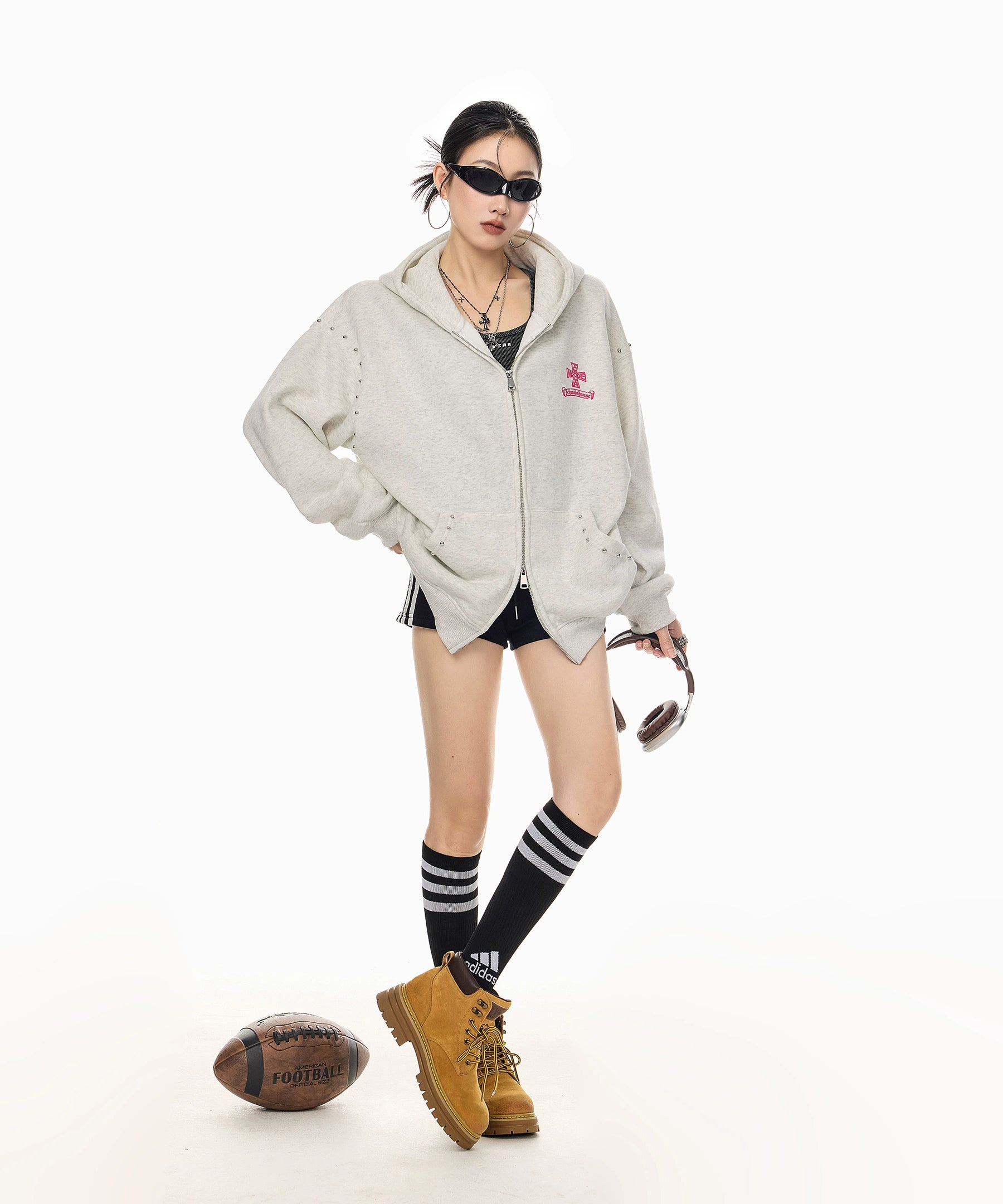 ICH MODE 美式哥特风复古钢珠加绒外套女秋冬季连帽上衣开衫卫衣