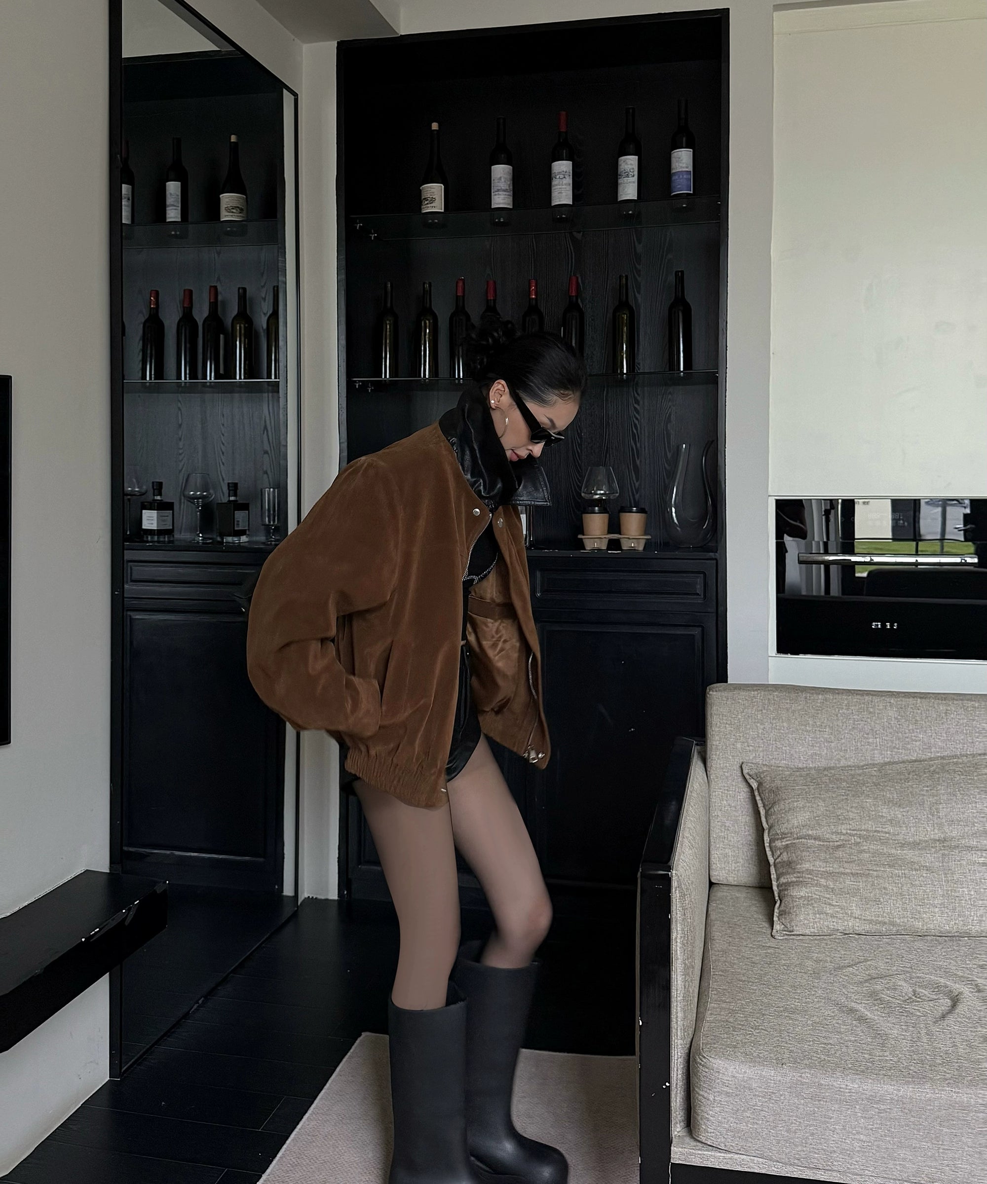 野生zero 拼色复古翻领皮衣女秋季新款美式短款宽松长袖夹克上衣