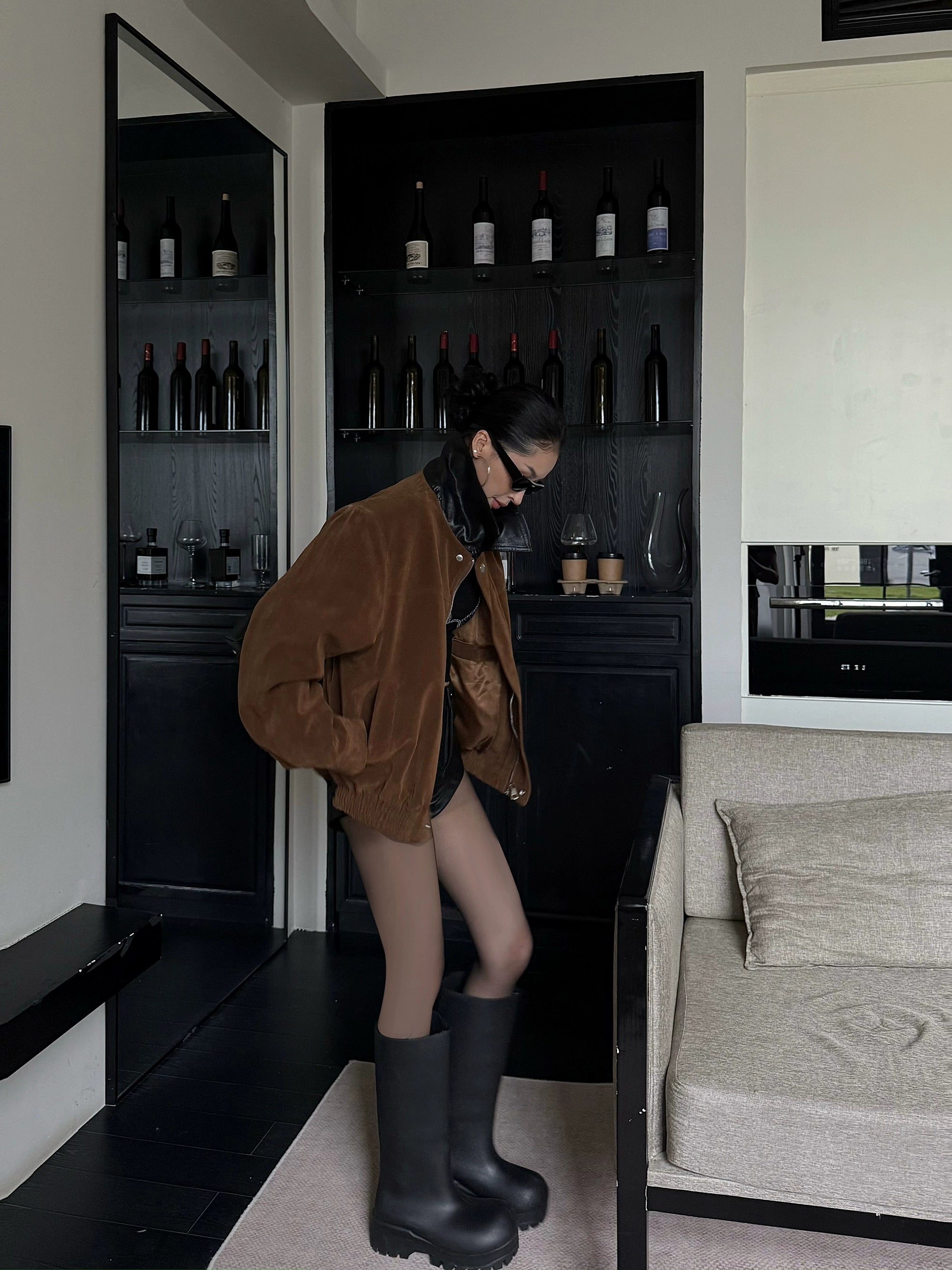 野生zero 拼色复古翻领皮衣女秋季新款美式短款宽松长袖夹克上衣