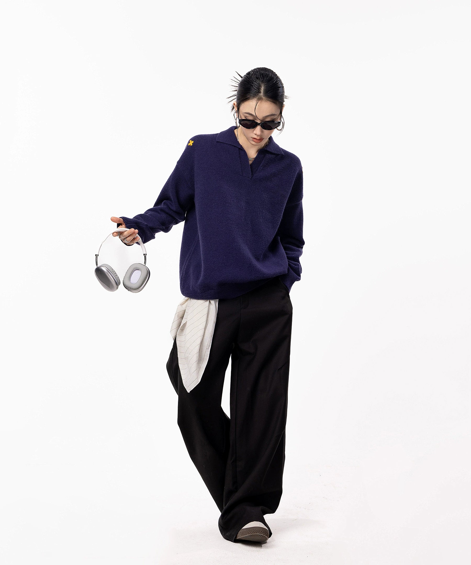 ICH MODE 美式V领套头毛衣外套女秋冬季新款休闲慵懒毛针织衫上衣