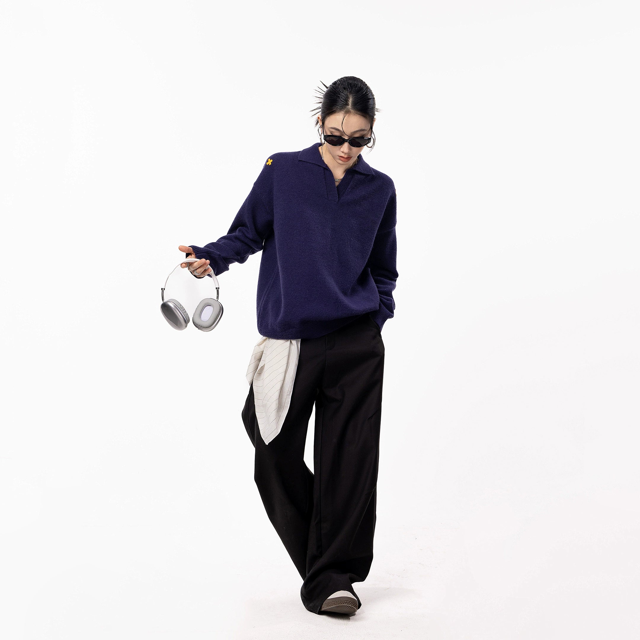 ICH MODE 美式V领套头毛衣外套女秋冬季新款休闲慵懒毛针织衫上衣