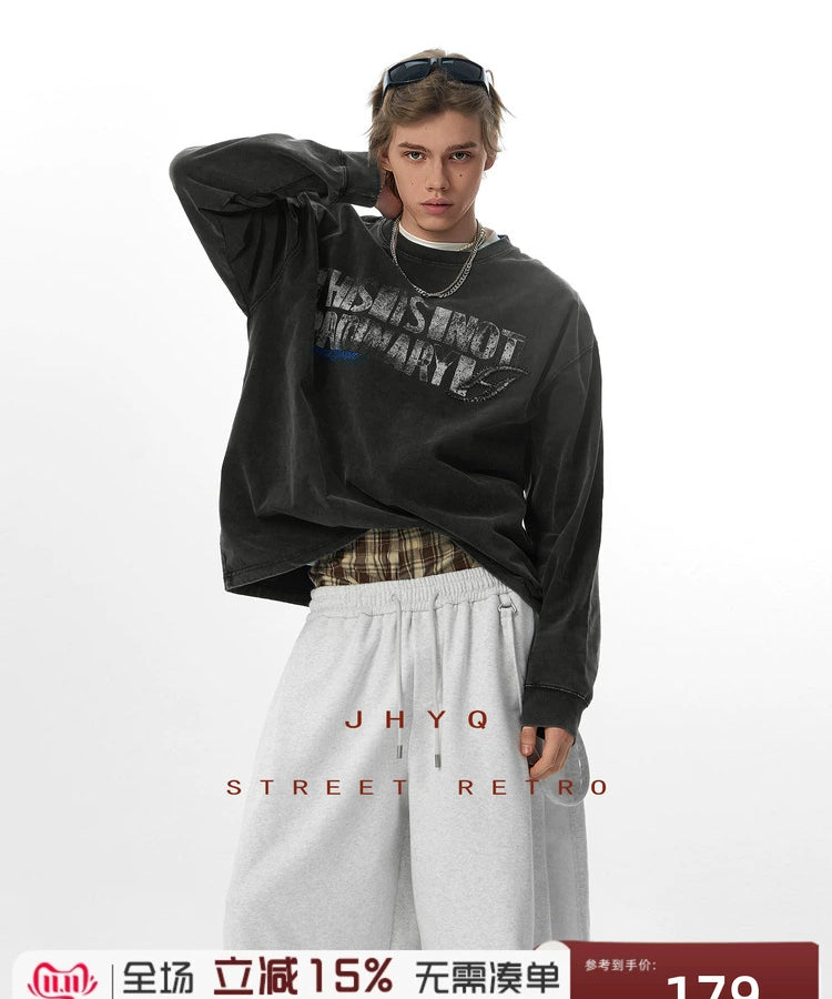 水洗系列丨JHYQ美式重磅320g长袖T恤男打钉宽松做旧字母印花卫衣