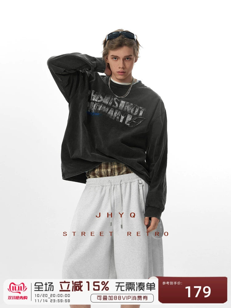 水洗系列丨JHYQ美式重磅320g长袖T恤男打钉宽松做旧字母印花卫衣