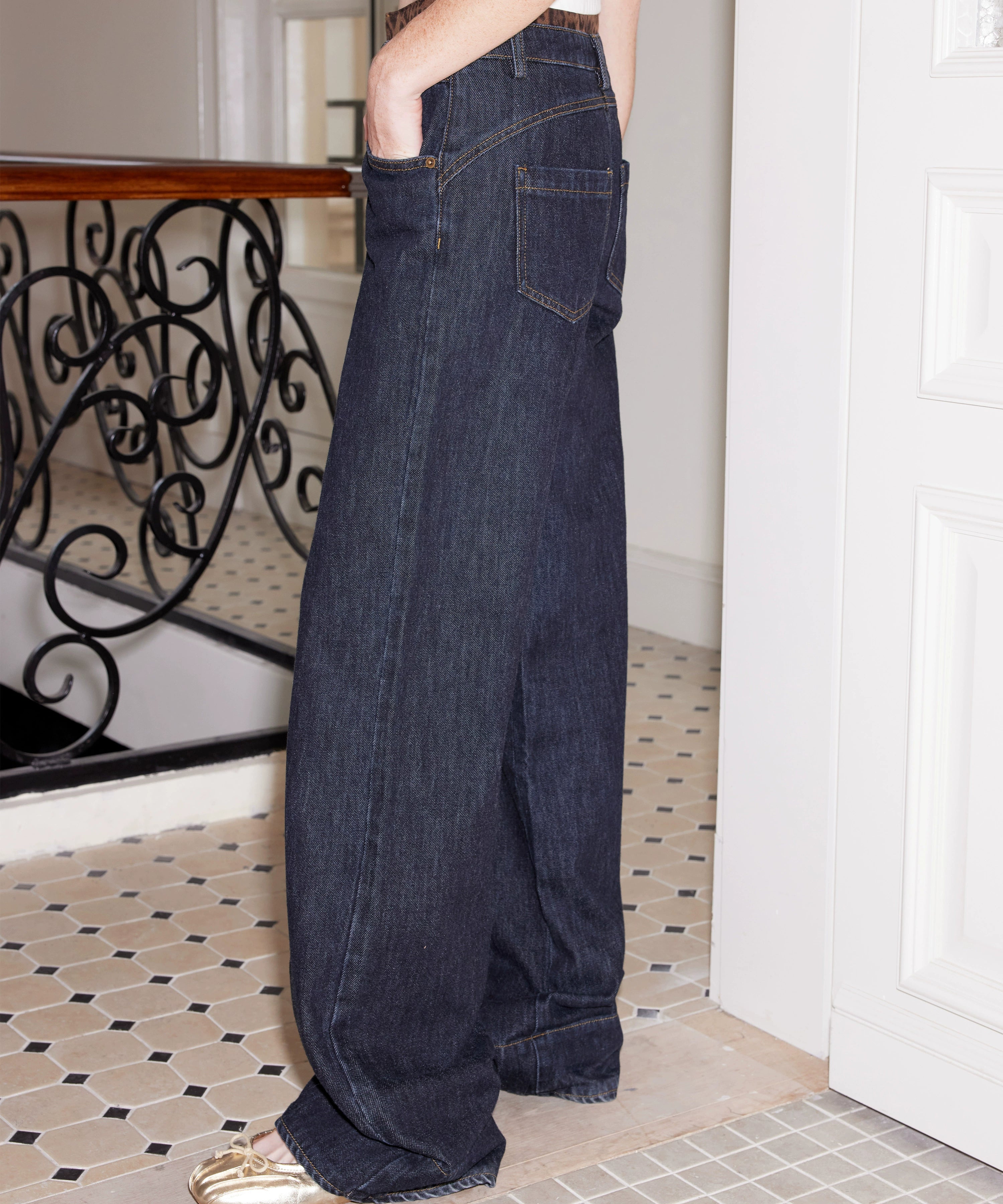 2th Desire豹纹格纹拼接莱赛尔植绒原牛色牛仔裤/可拆卸拼接罩裙