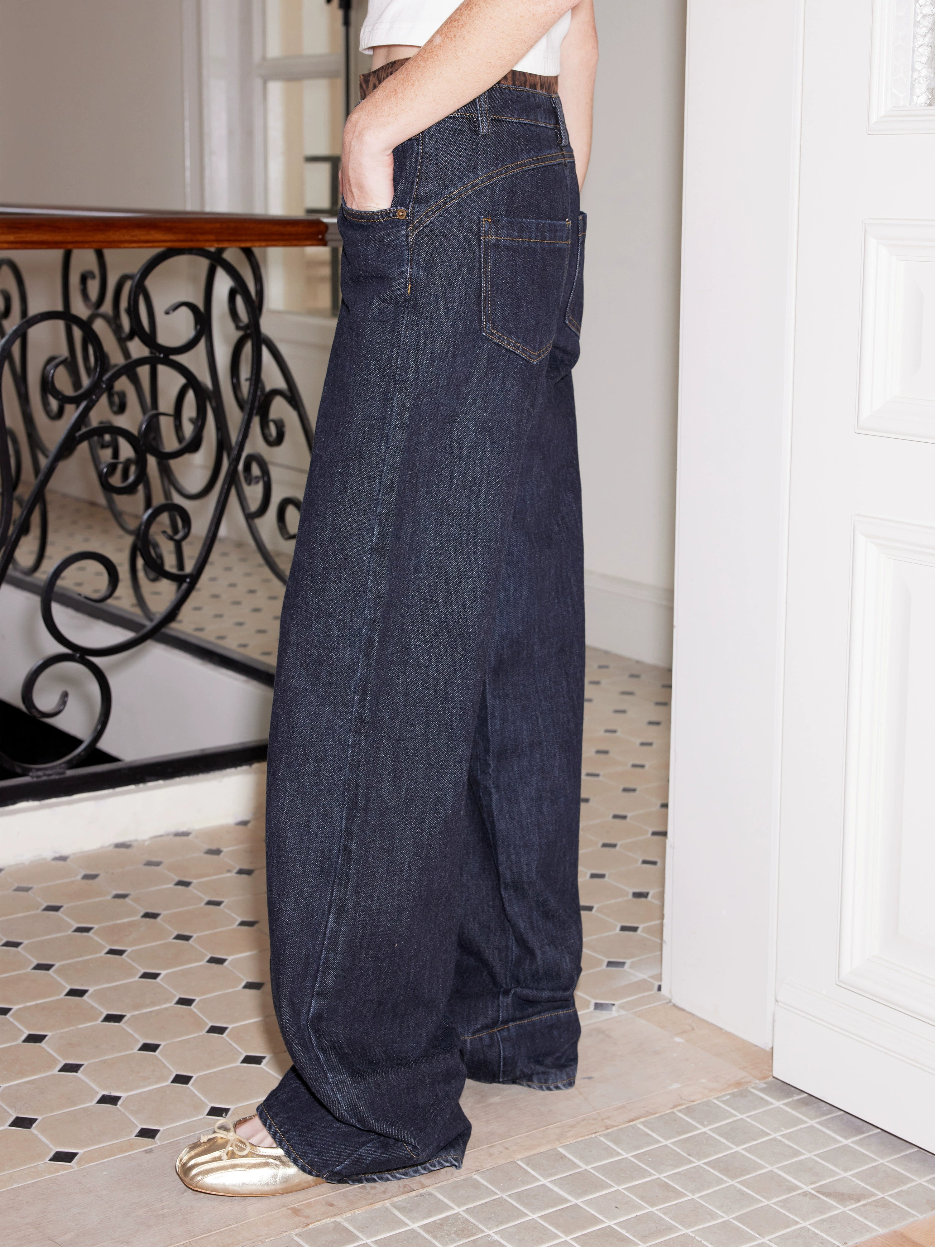 2th Desire豹纹格纹拼接莱赛尔植绒原牛色牛仔裤/可拆卸拼接罩裙