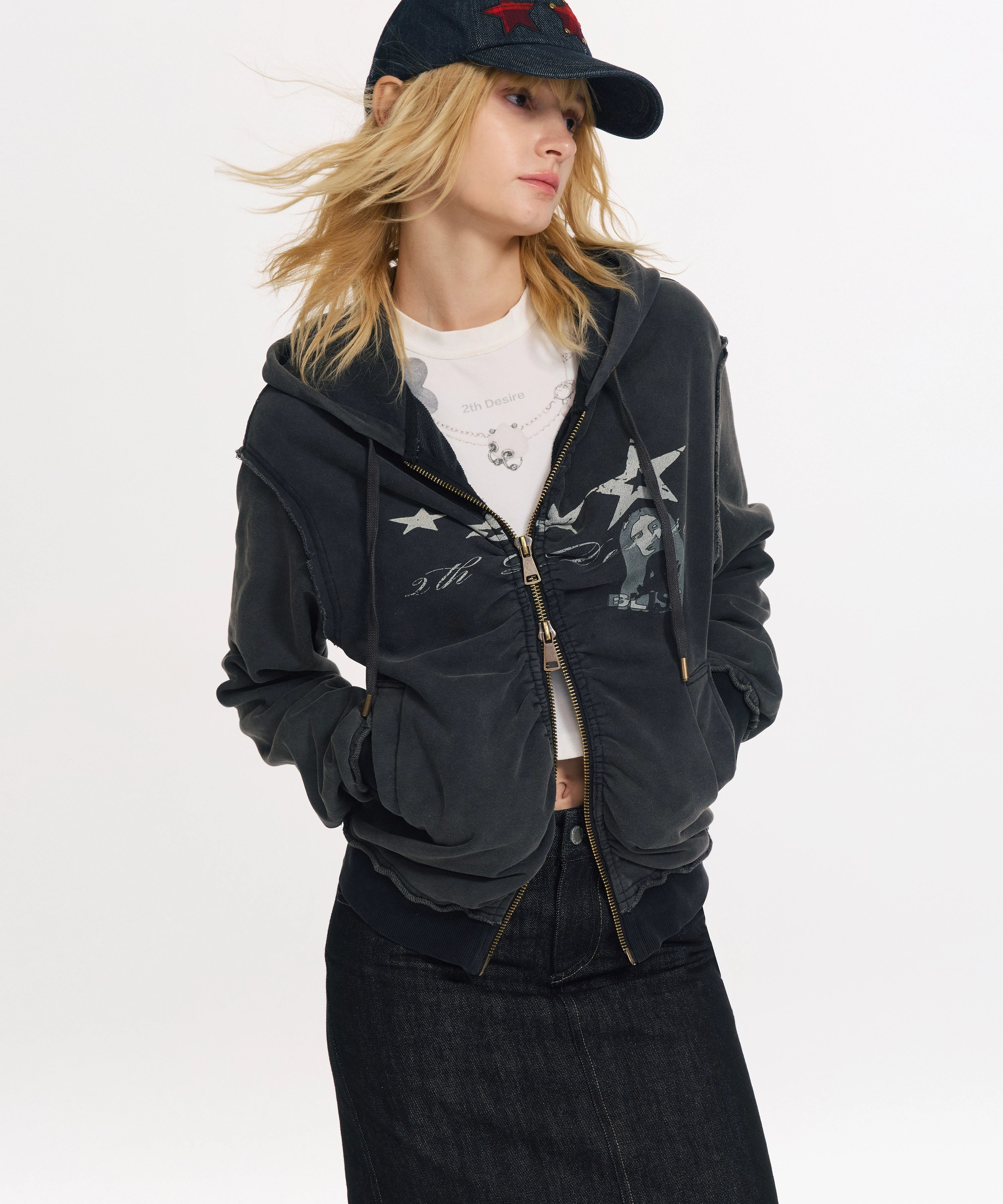 2th Desire美式复古做旧洗褪朋克开衫cleanfit连帽休闲卫衣外套女