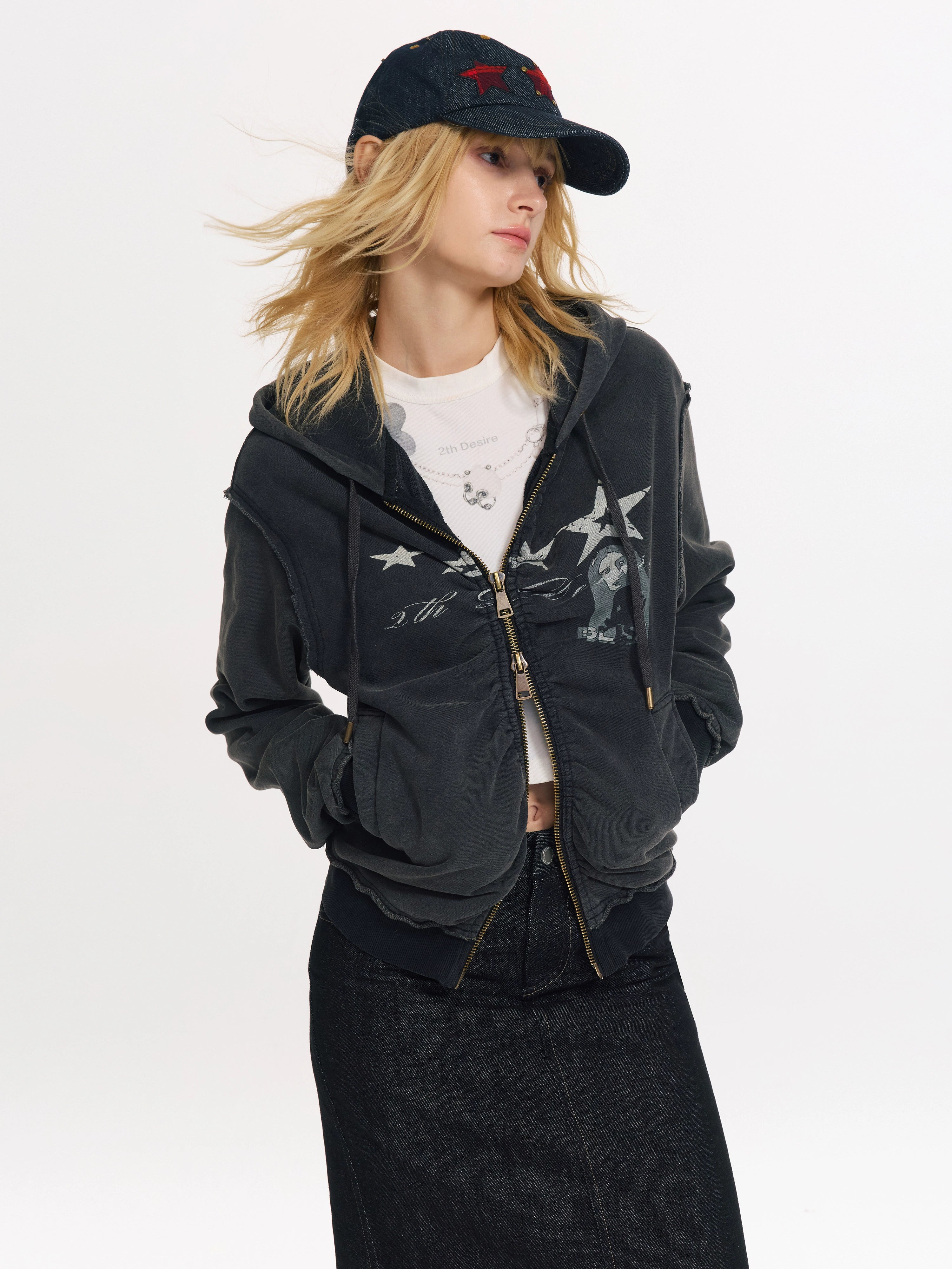 2th Desire美式复古做旧洗褪朋克开衫cleanfit连帽休闲卫衣外套女