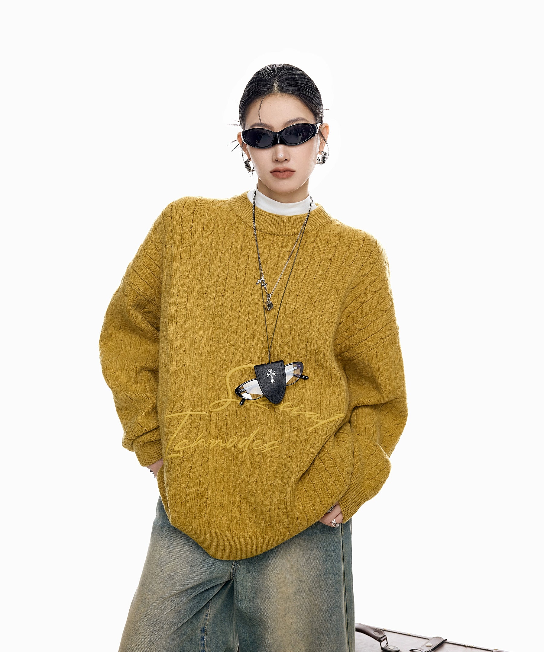 ICH MODE 美式复古慵懒刺绣麻花毛衣女秋冬休闲圆领毛针织衫上衣