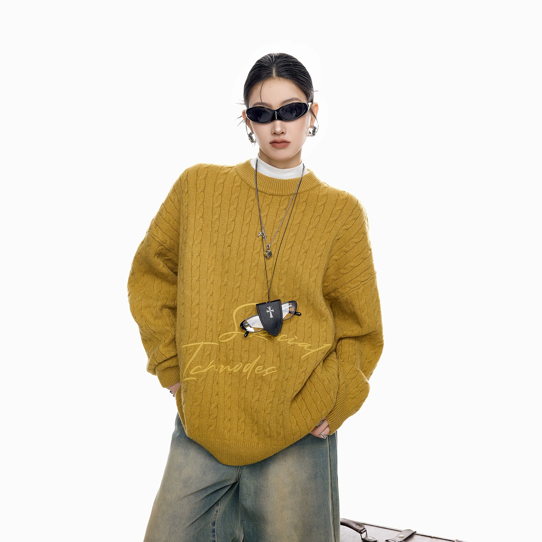 ICH MODE 美式复古慵懒刺绣麻花毛衣女秋冬休闲圆领毛针织衫上衣