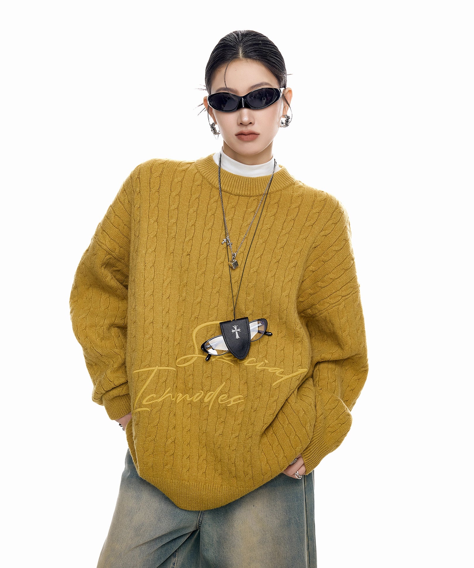 ICH MODE 美式复古慵懒刺绣麻花毛衣女秋冬休闲圆领毛针织衫上衣