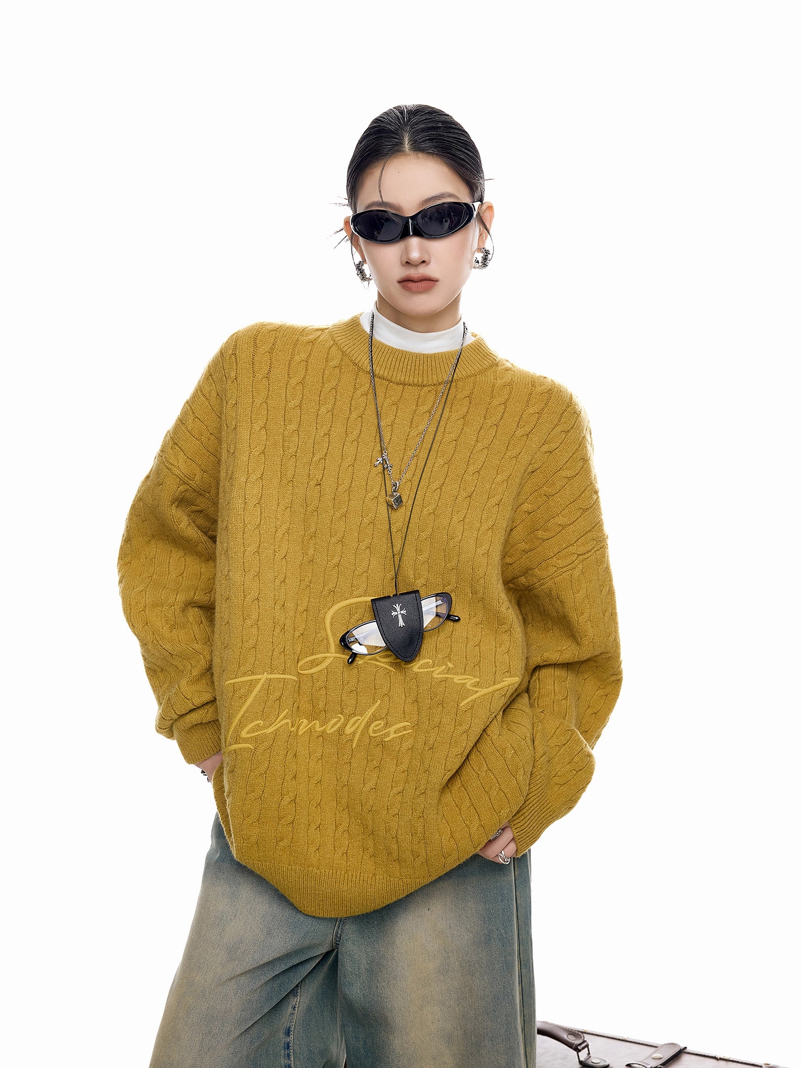 ICH MODE 美式复古慵懒刺绣麻花毛衣女秋冬休闲圆领毛针织衫上衣