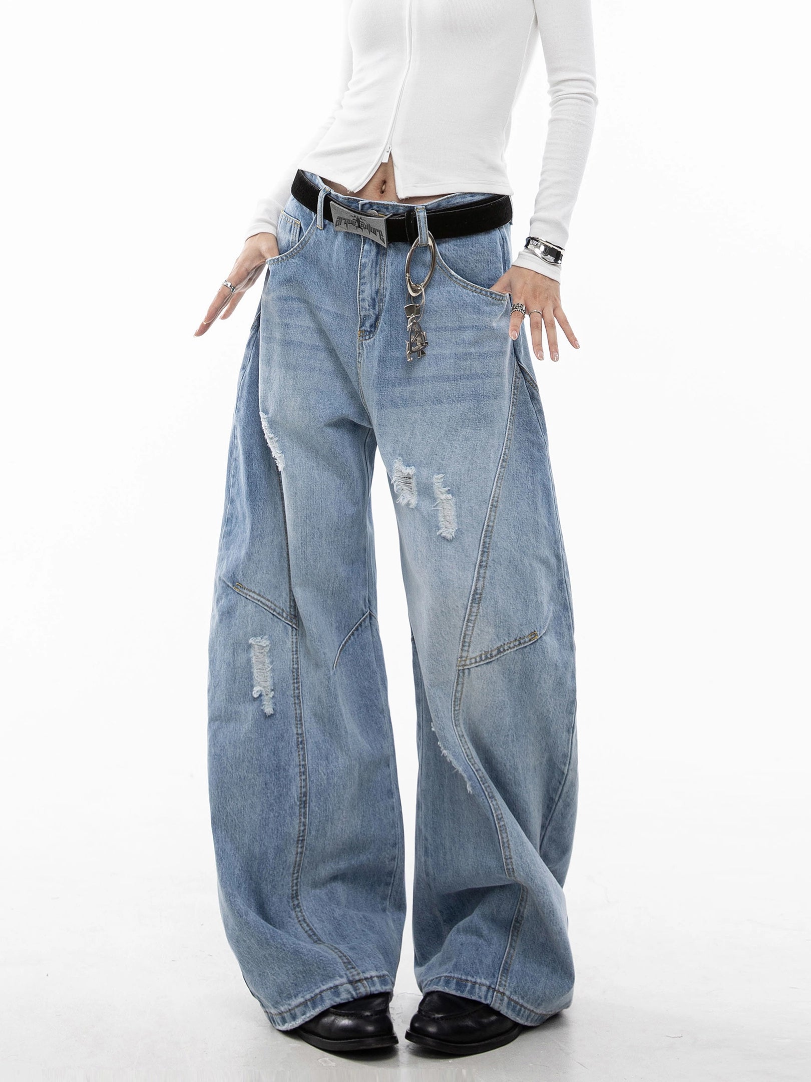 ICH MODE 美式复古破洞弯刀牛仔裤女秋冬宽松阔腿裤工装裤休闲裤