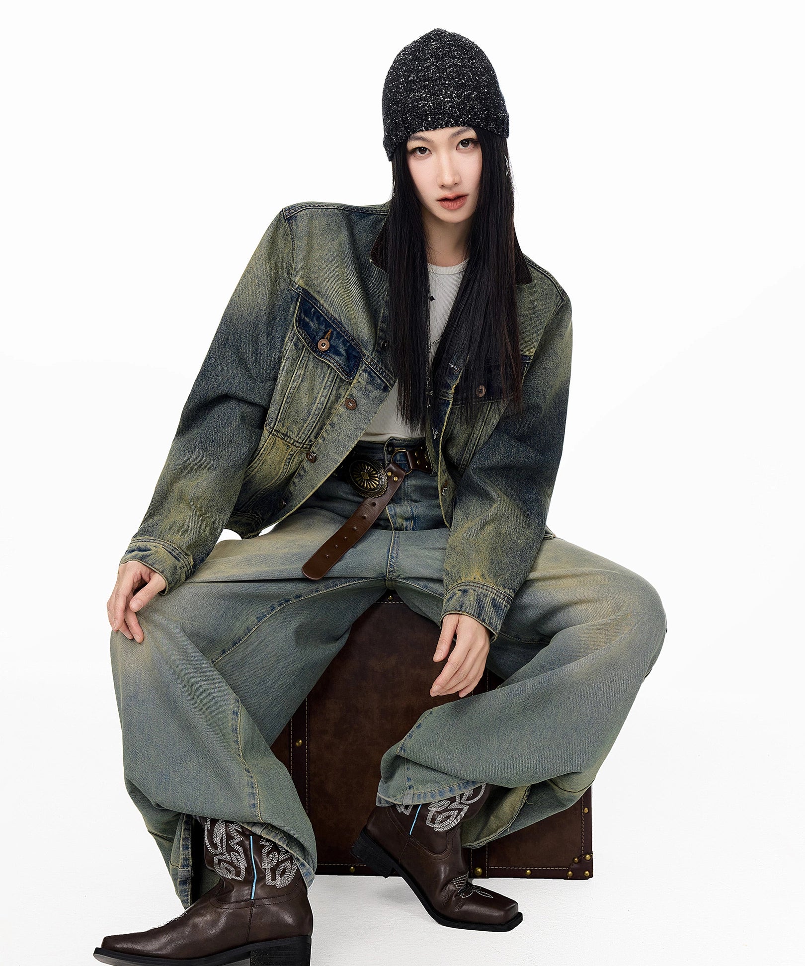 ICH MODE 美式复古水洗做旧牛仔外套女2025秋冬新款翻领夹克上衣