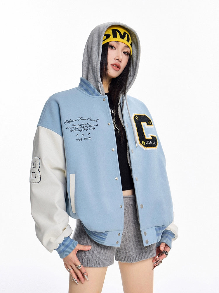 ICH MODE 美式复古撞色外套女2025年新款秋冬开衫上衣宽松棒球服