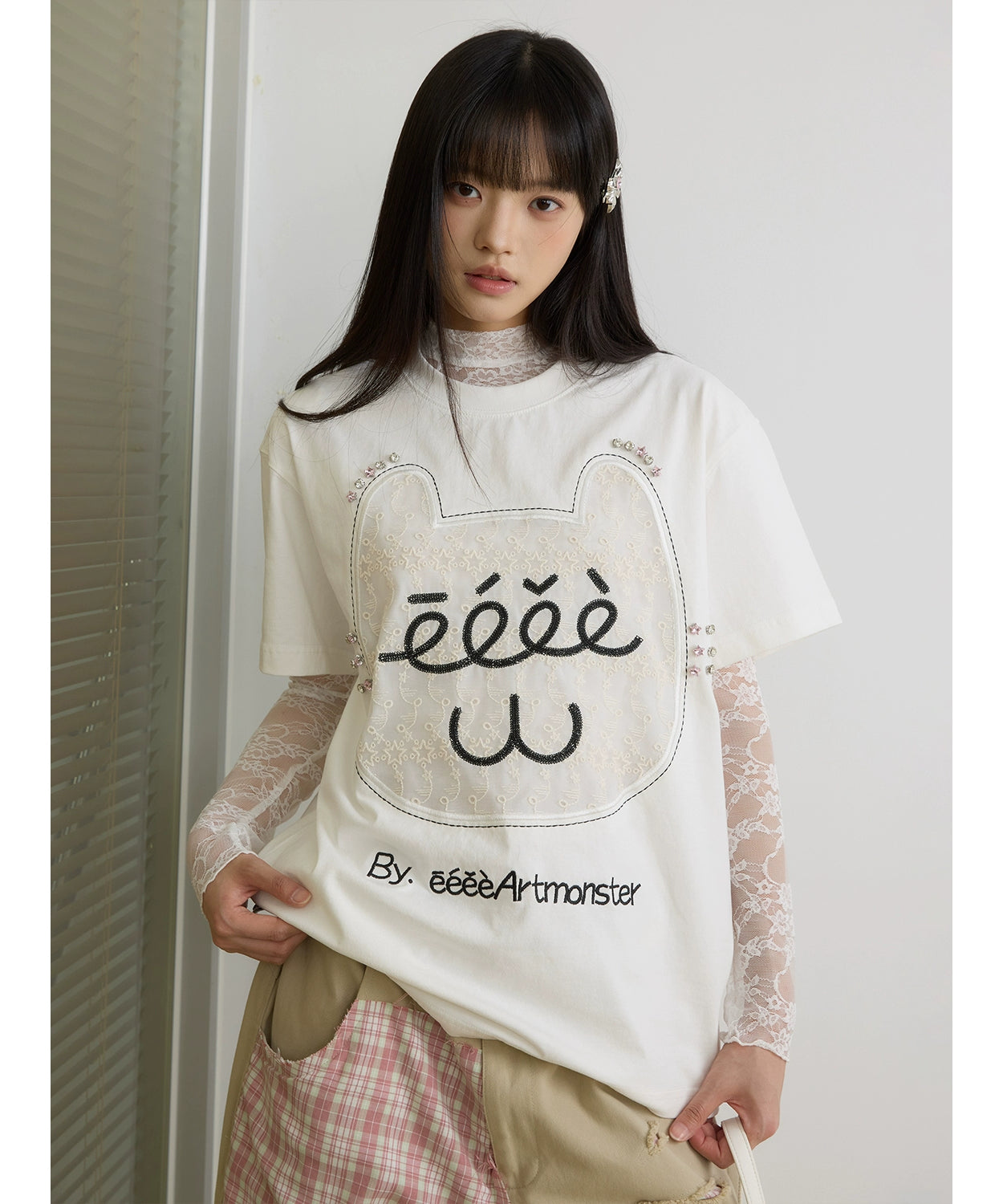 “芭蕾猫咪”｜eeee原创设计感蕾丝贴布绣T恤搞怪钻石猫咪短袖夏