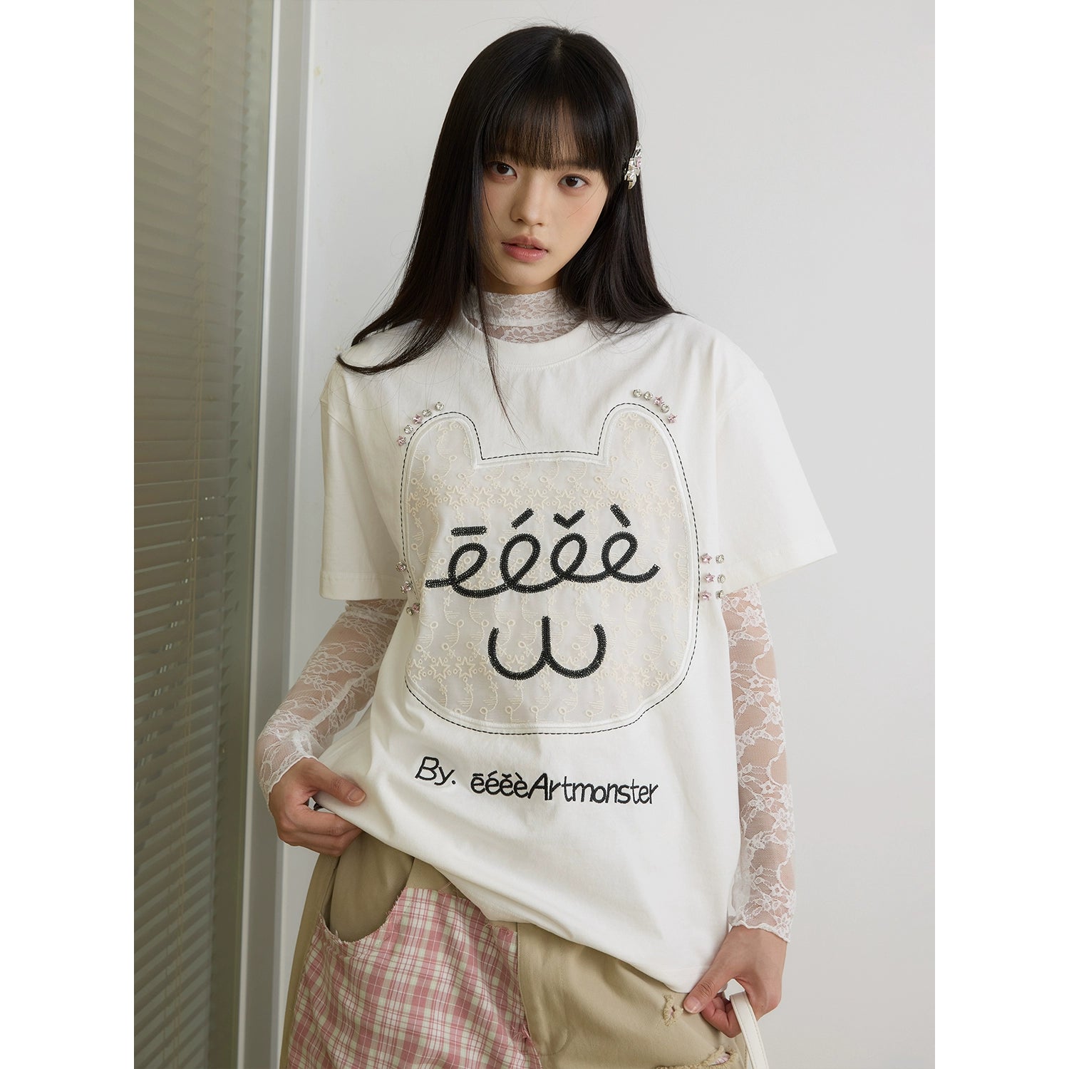 “芭蕾猫咪”｜eeee原创设计感蕾丝贴布绣T恤搞怪钻石猫咪短袖夏