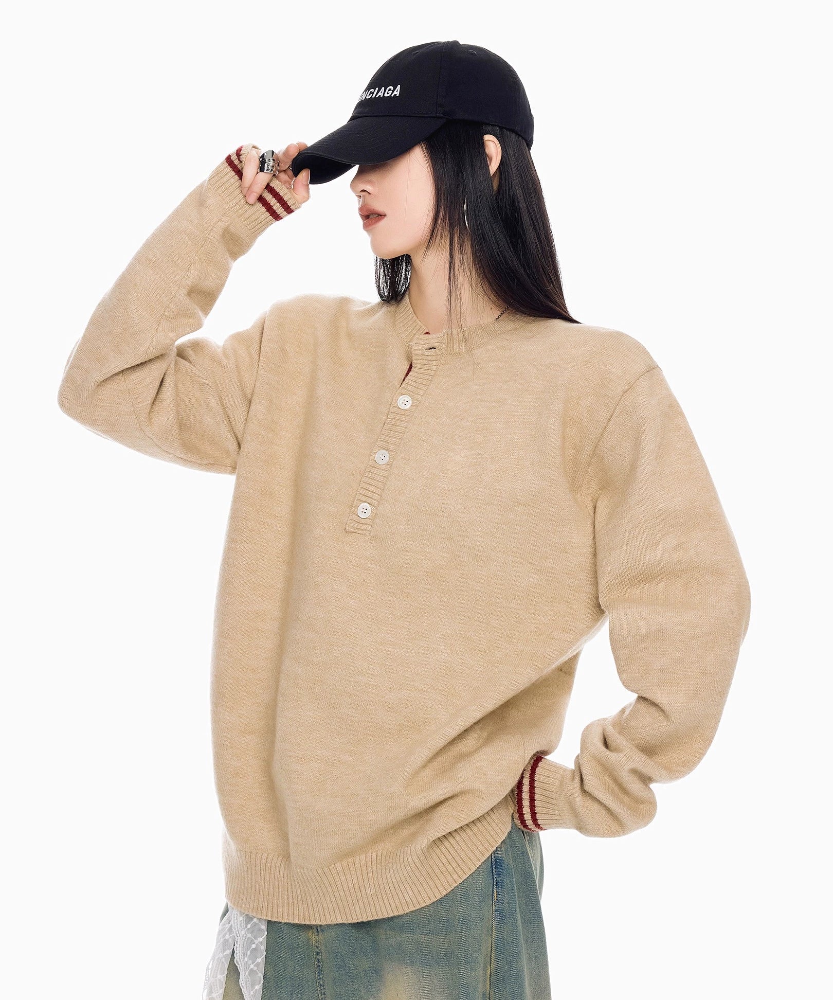 ICH MODE 美式复古亨利领毛衣女秋冬慵懒高级感毛针织衫长袖上衣