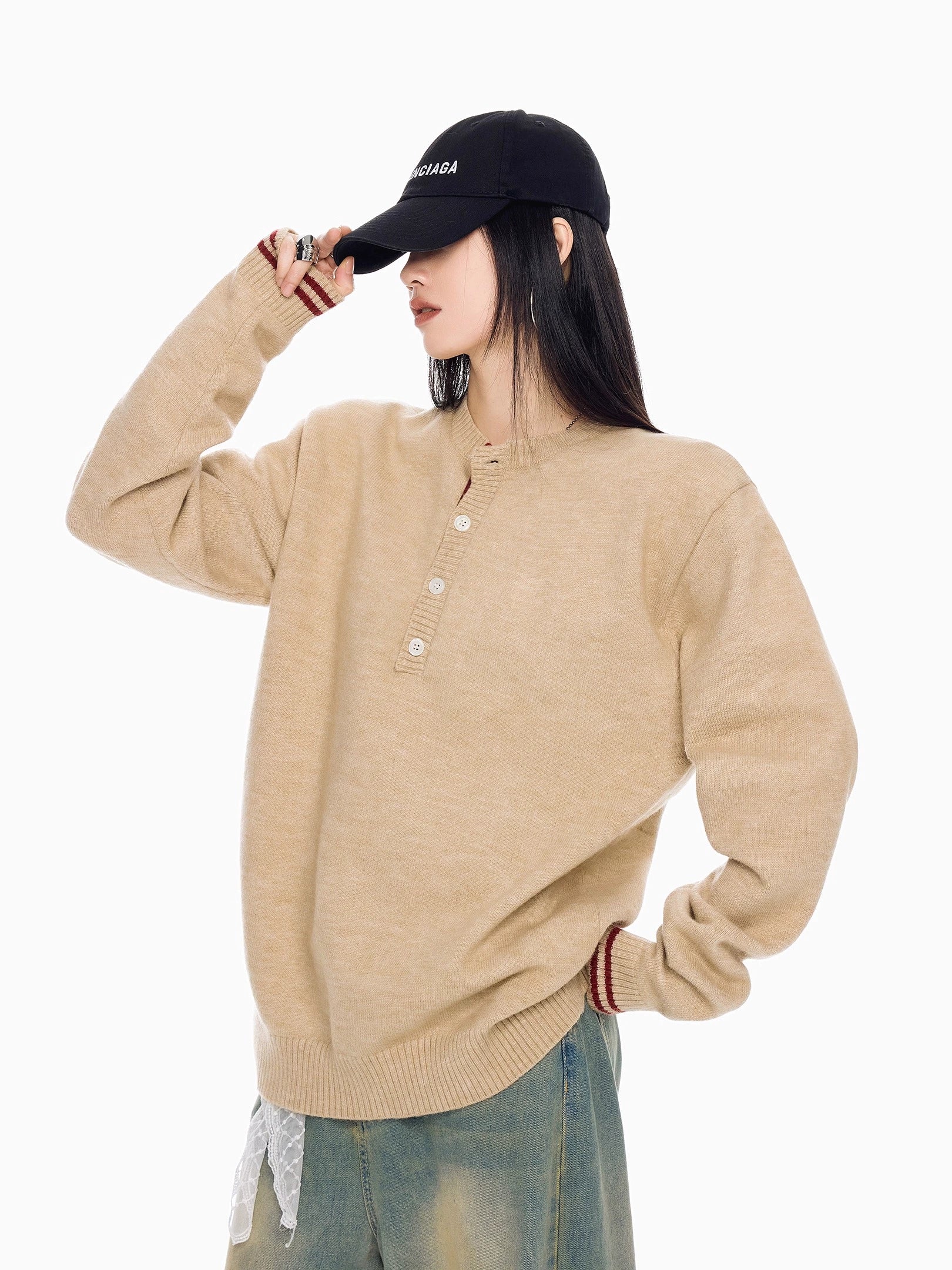 ICH MODE 美式复古亨利领毛衣女秋冬慵懒高级感毛针织衫长袖上衣