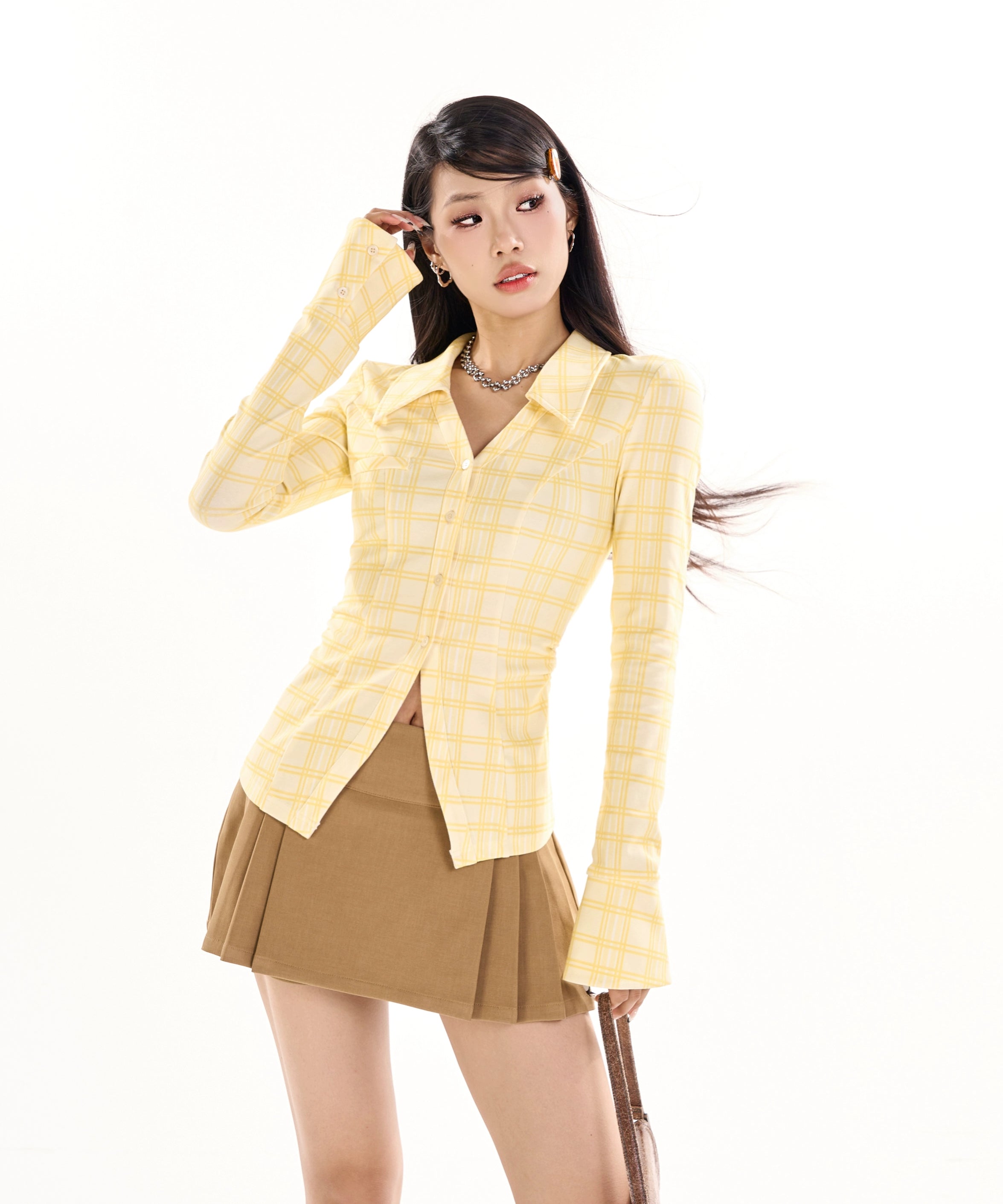 野生zerocircle 黄色格子v领长袖衬衫女春秋季修身收腰喇叭袖上衣