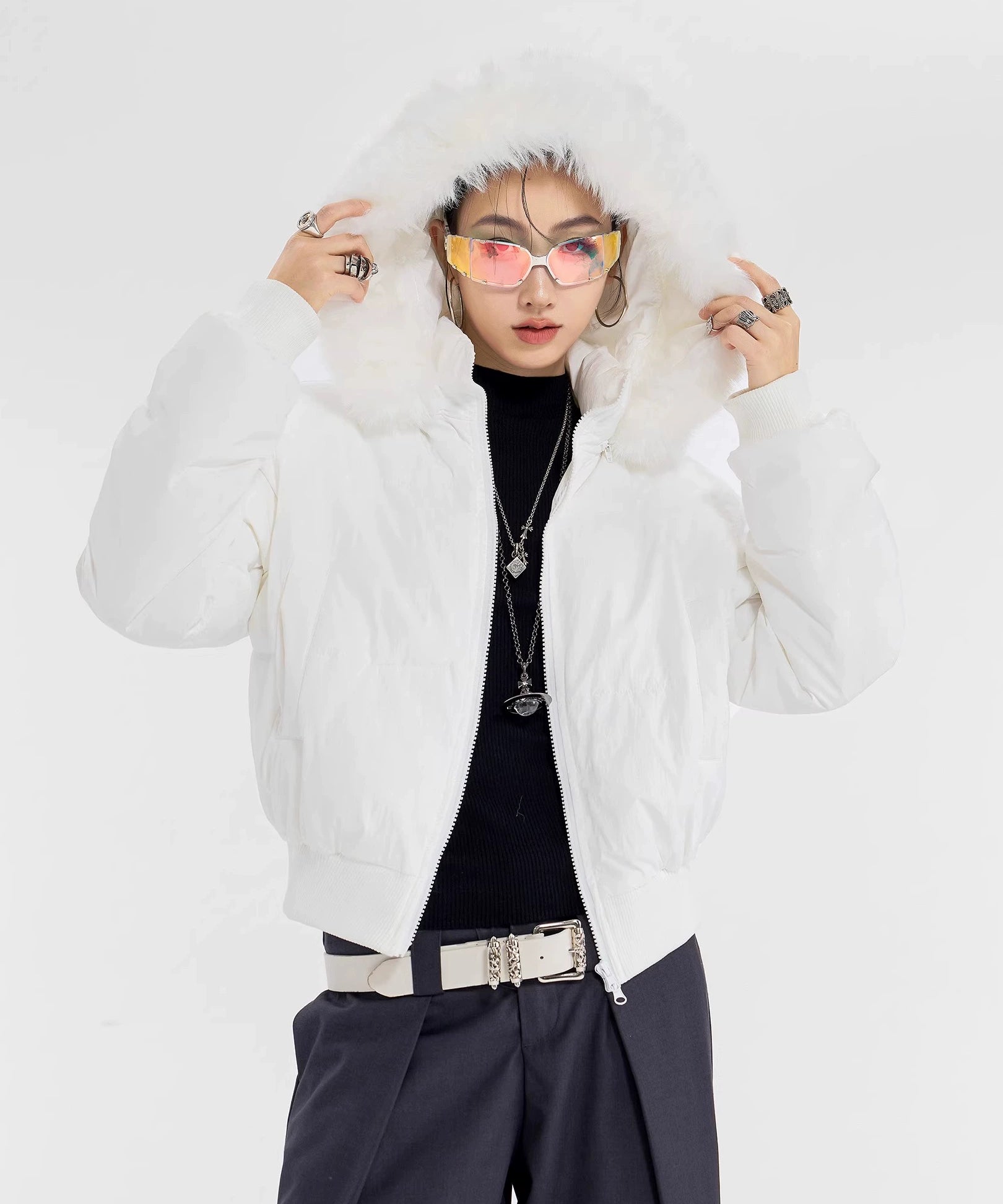 ICH MODE 美式复古大毛领短款棉服女秋冬季连帽开衫棉袄修身外套