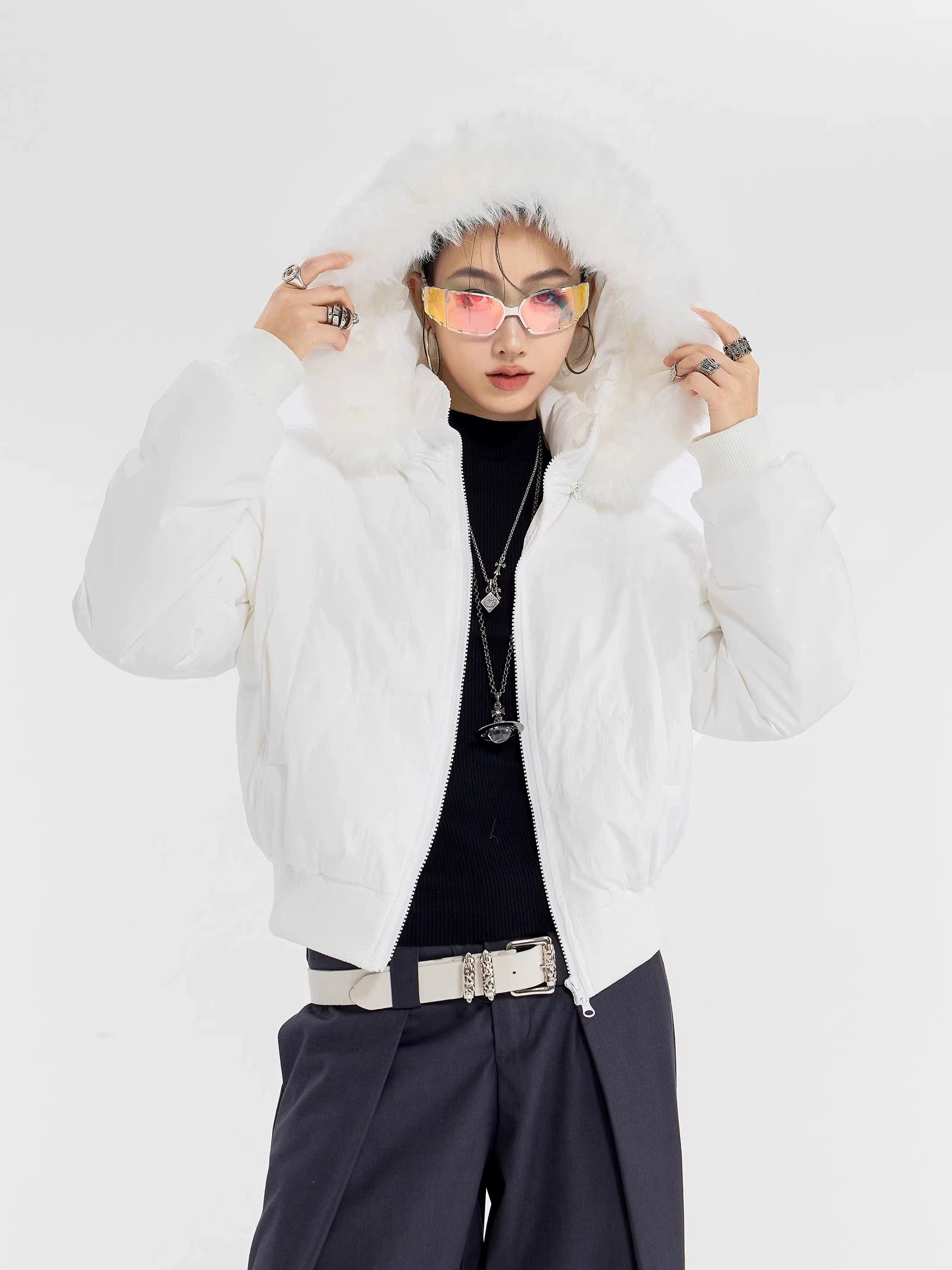 ICH MODE 美式复古大毛领短款棉服女秋冬季连帽开衫棉袄修身外套