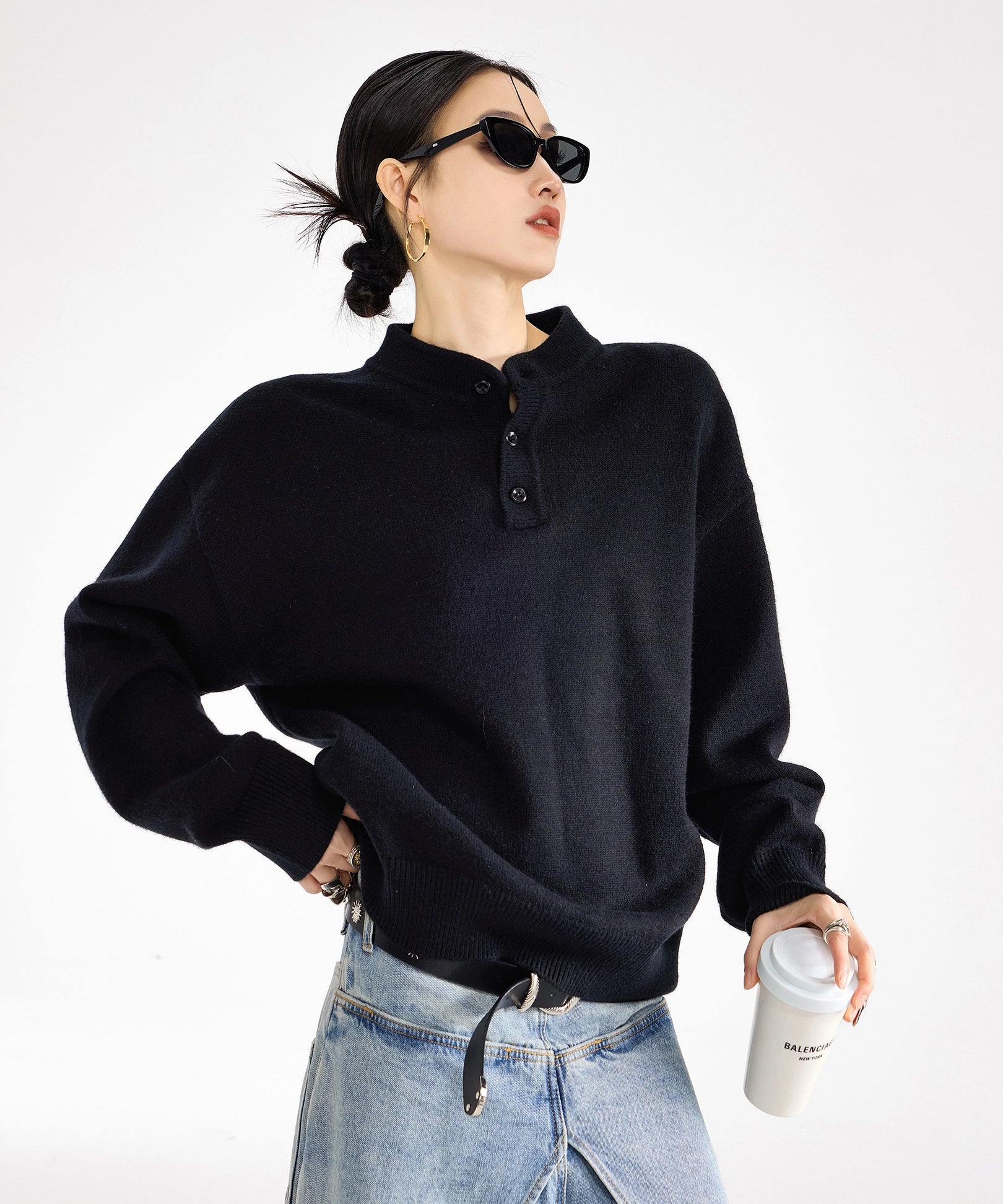 ICH MODE 美式复古亨利领毛衣女秋冬季宽松针织衫慵懒套头毛线衣