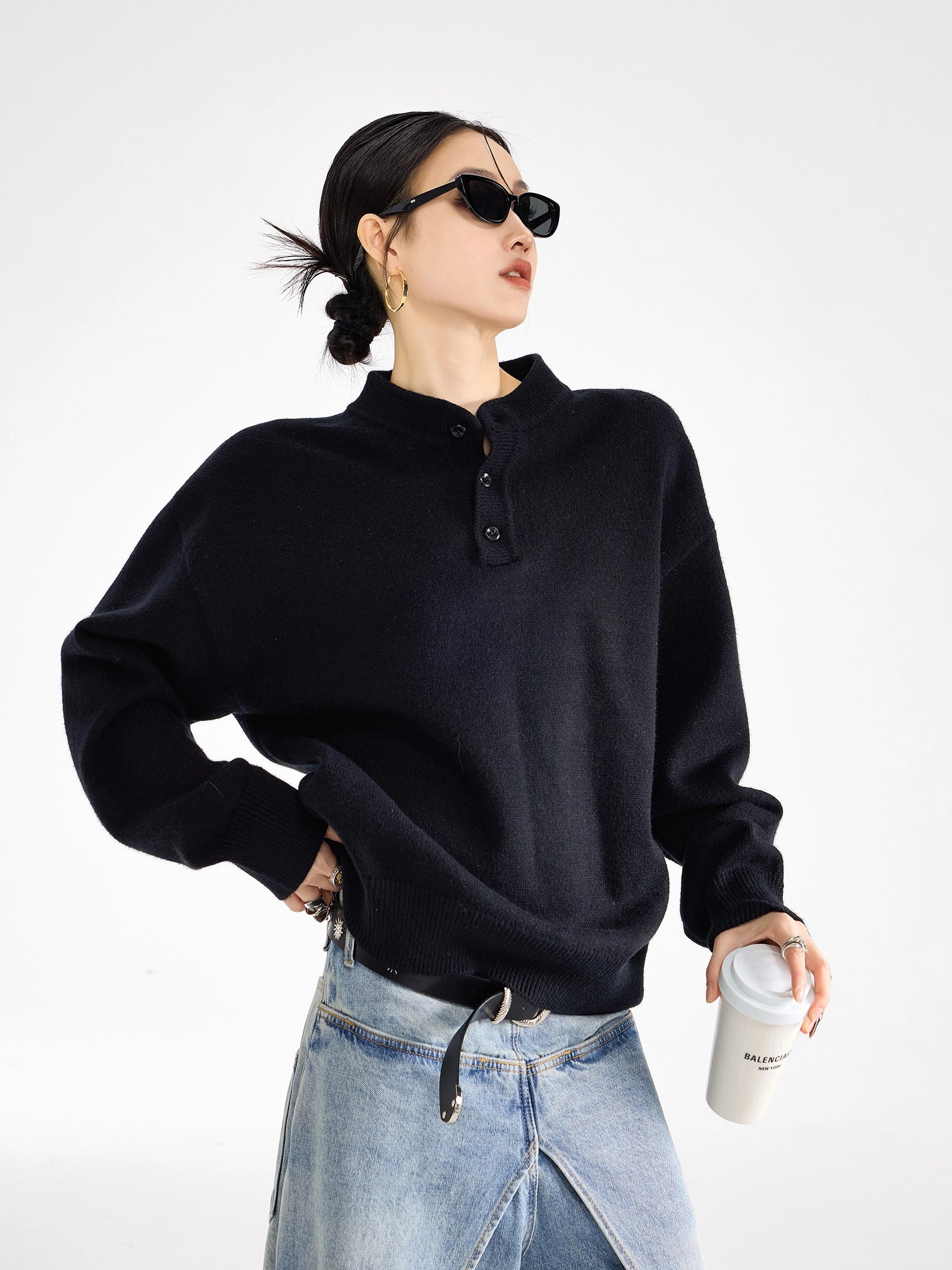 ICH MODE 美式复古亨利领毛衣女秋冬季宽松针织衫慵懒套头毛线衣