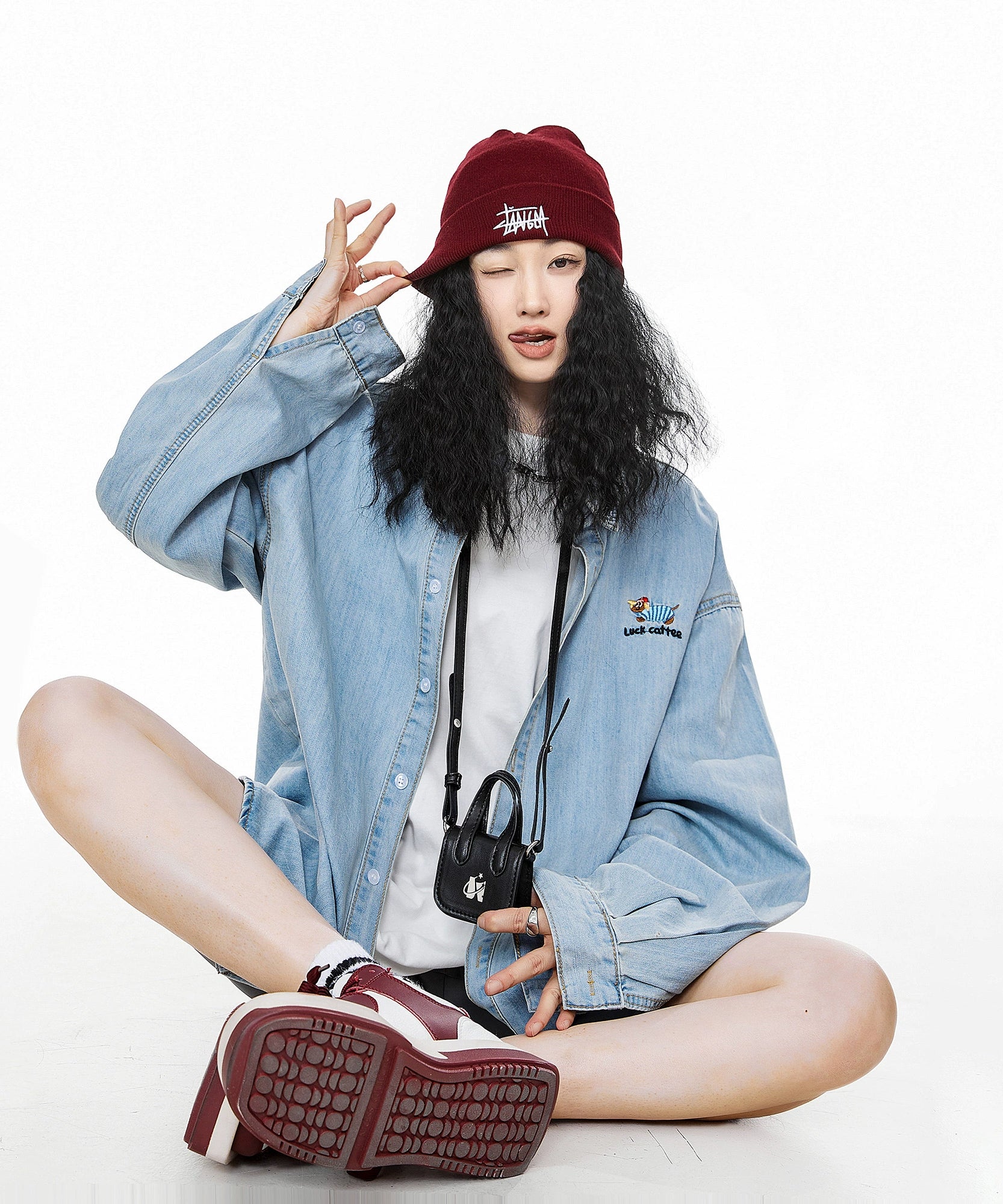 ICH MODE 美式复古刺绣长袖牛仔衬衫女秋冬百搭宽松休闲衬衣外套