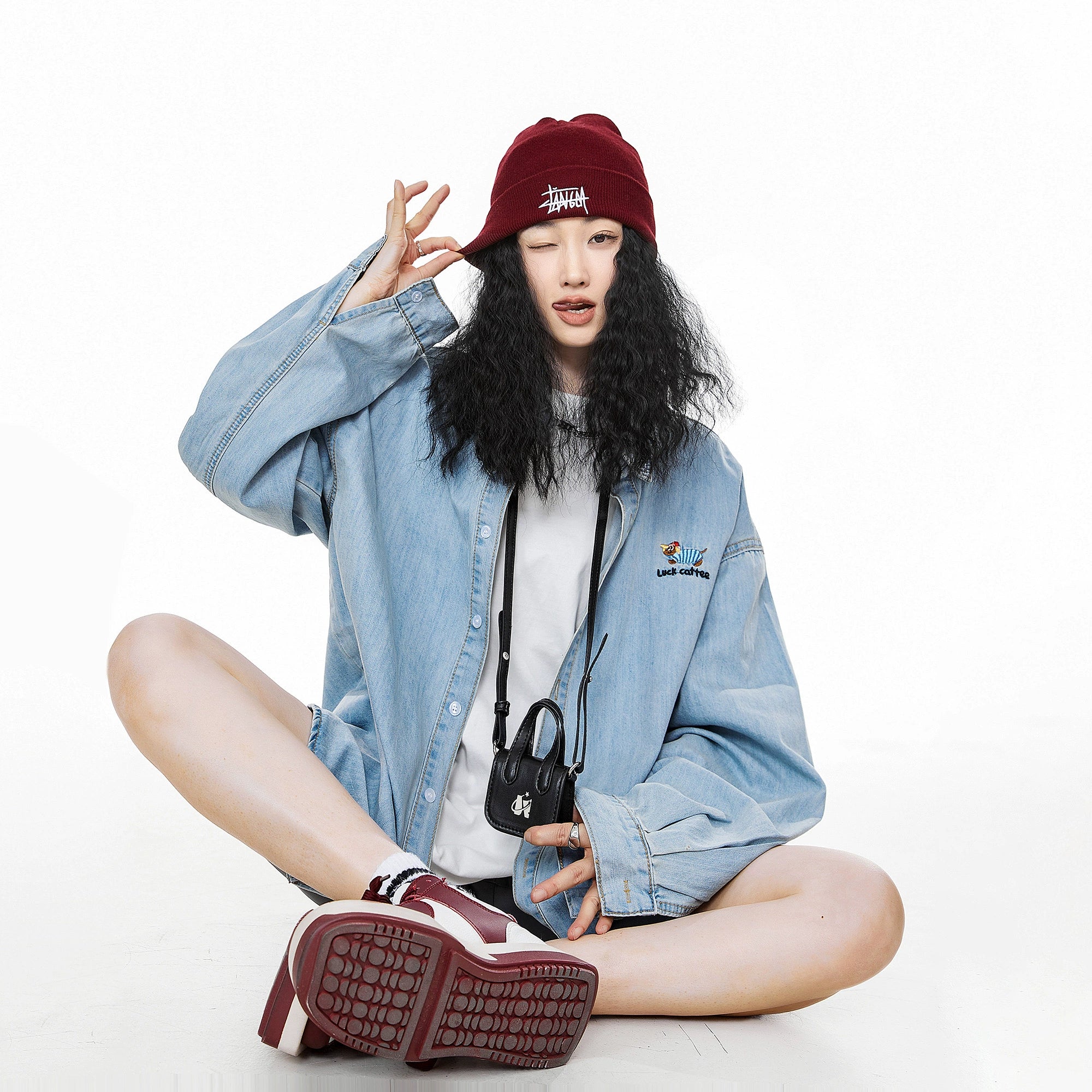 ICH MODE 美式复古刺绣长袖牛仔衬衫女秋冬百搭宽松休闲衬衣外套