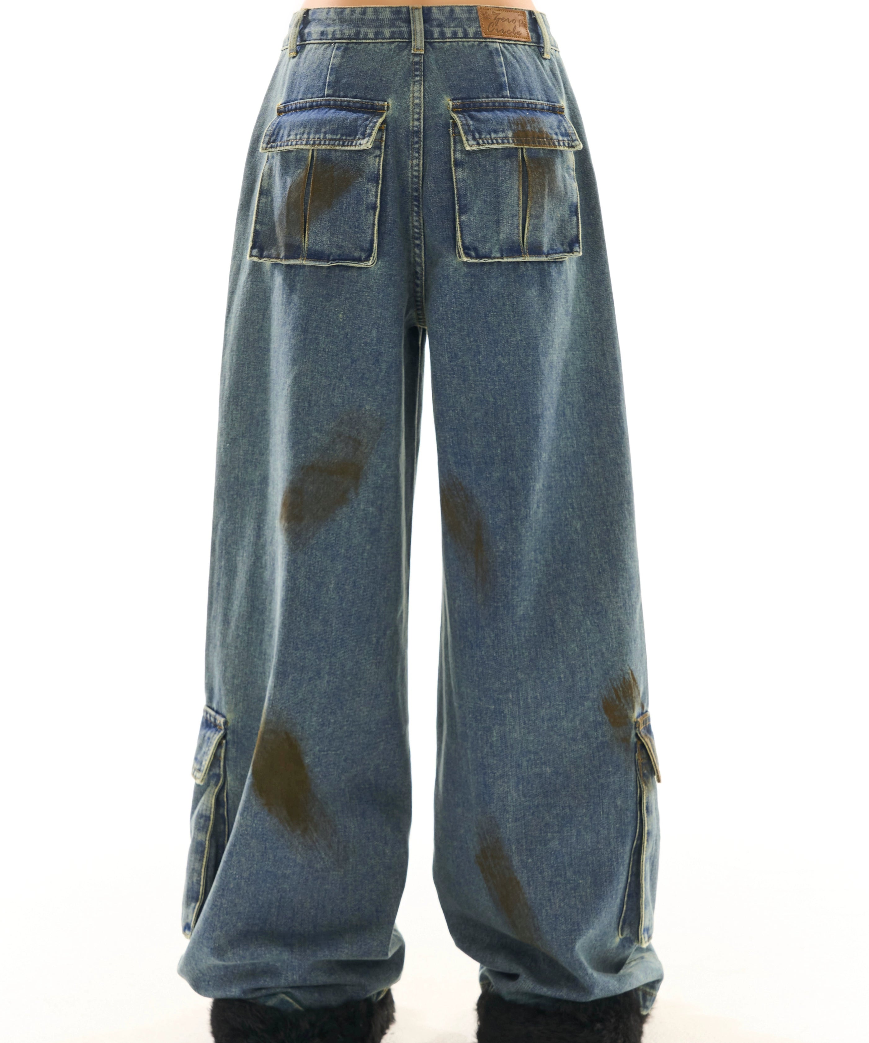 野生zerocircle复古蓝做旧工装牛仔裤女春宽松直筒阔腿设计感裤子