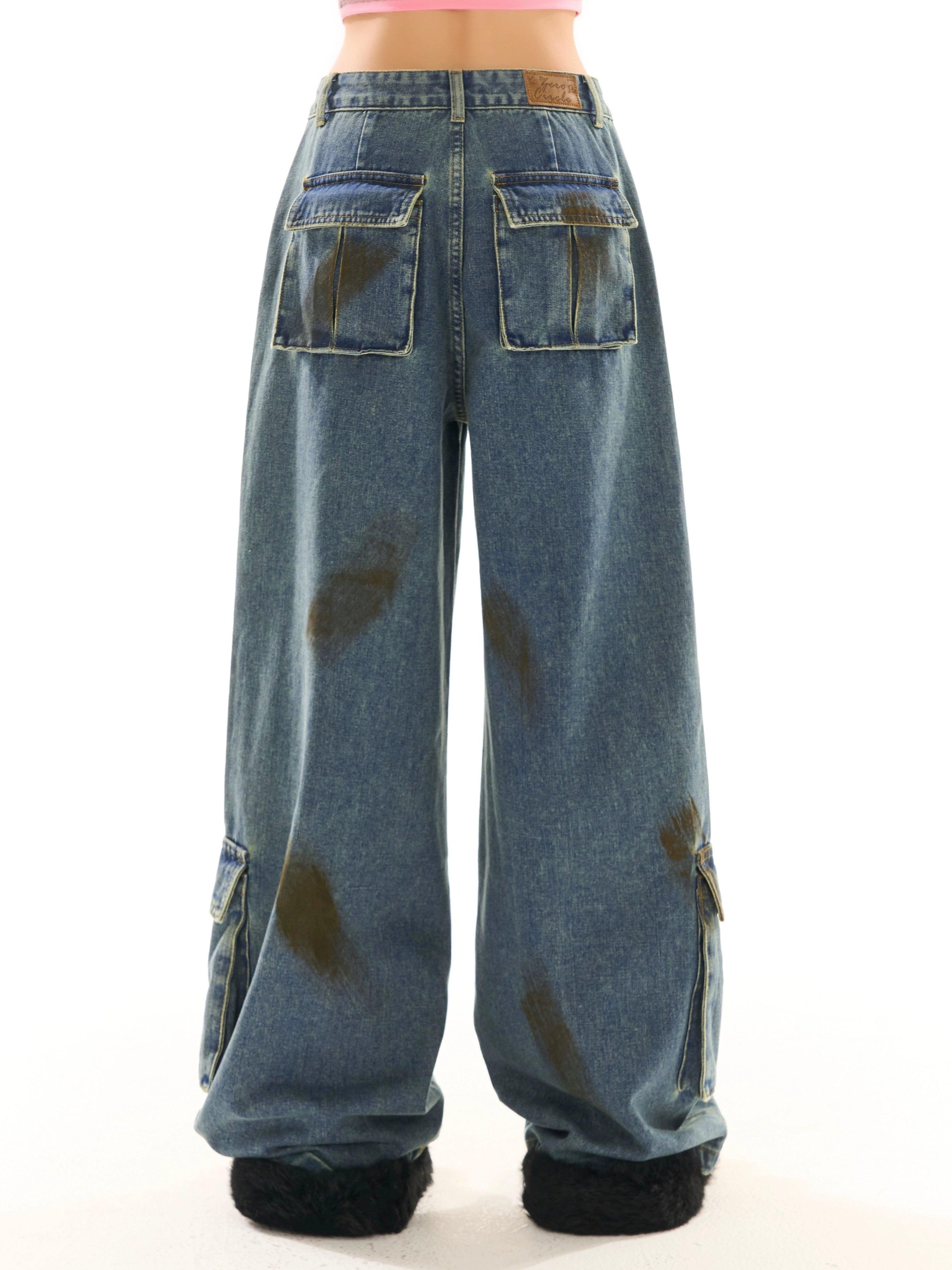 野生zerocircle复古蓝做旧工装牛仔裤女春宽松直筒阔腿设计感裤子