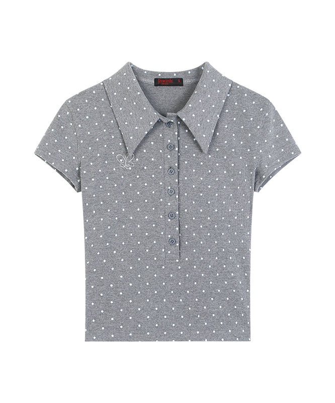 野生zerocircle 灰蓝色polo衫正肩波点短袖t恤女春夏修身短款上衣