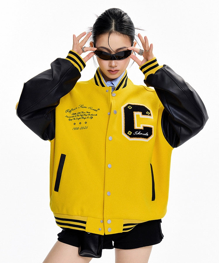 ICH MODE 美式复古撞色外套女2025年新款秋冬开衫上衣宽松棒球服