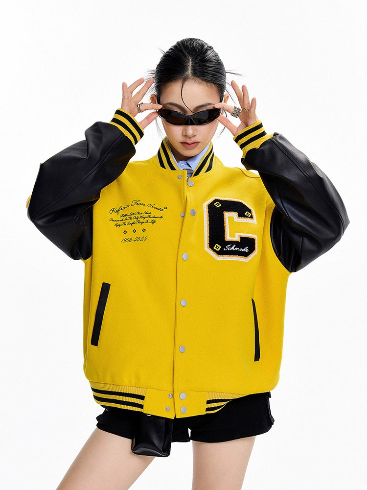 ICH MODE 美式复古撞色外套女2025年新款秋冬开衫上衣宽松棒球服