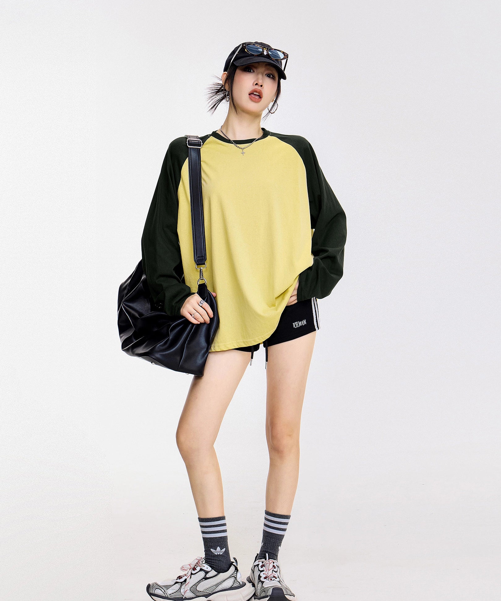 ICH MODE 美式复古插肩袖长袖T恤女夏季新款宽松拼接撞色圆领上衣