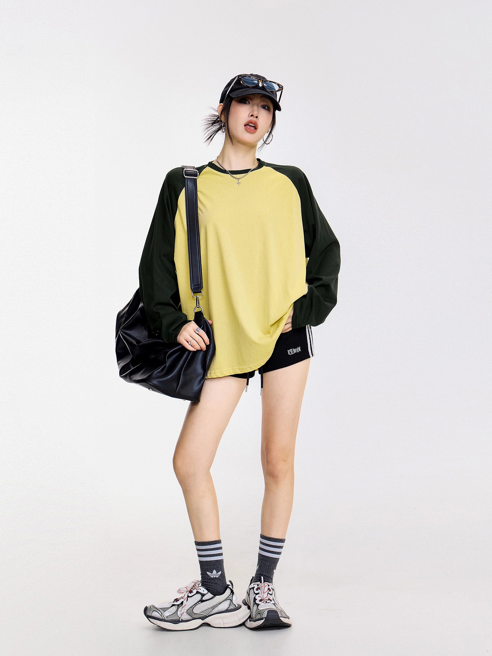 ICH MODE 美式复古插肩袖长袖T恤女夏季新款宽松拼接撞色圆领上衣