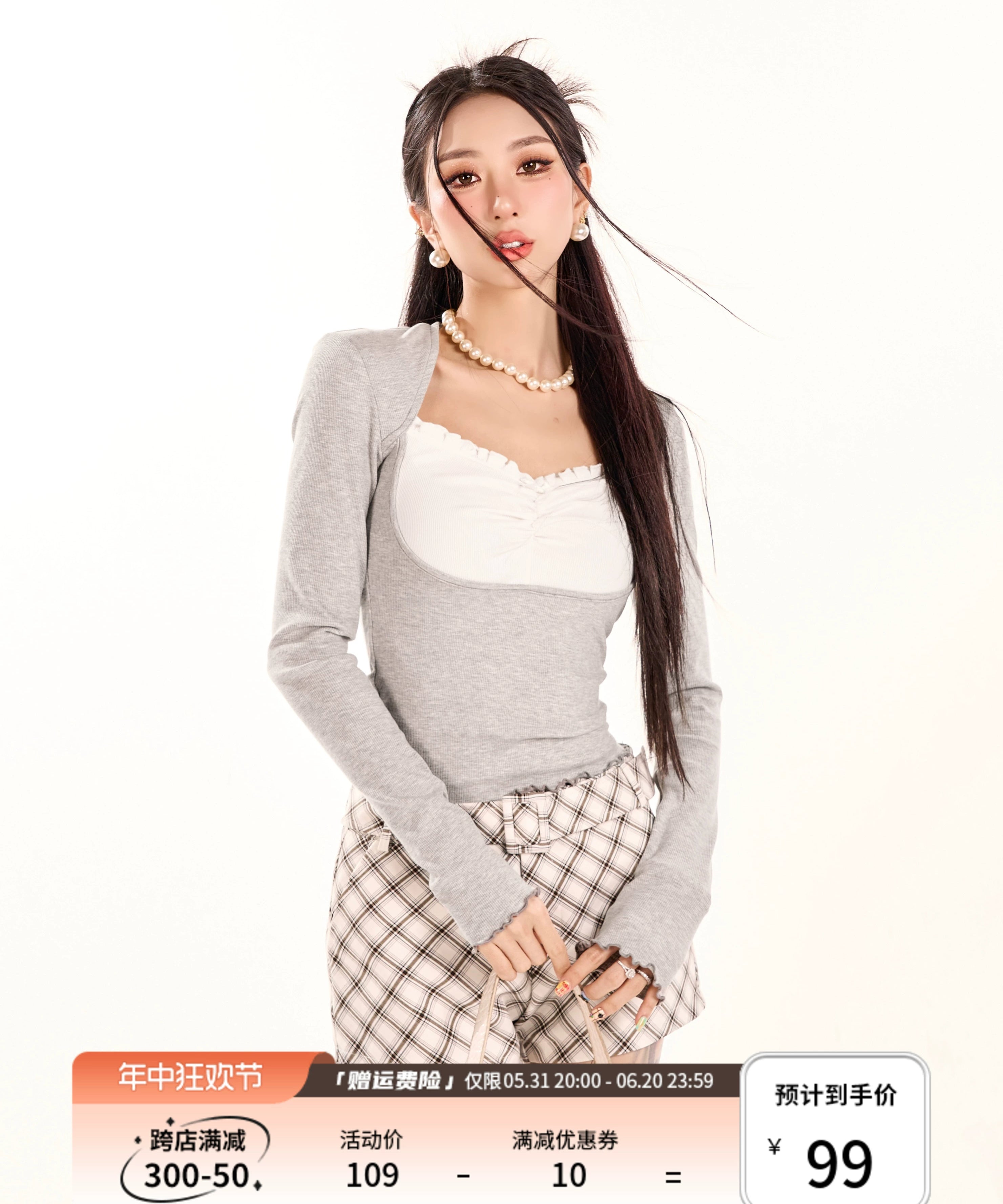 野生zerocircle灰色正肩长袖t恤女春秋辣妹修身显瘦v领假两件上衣