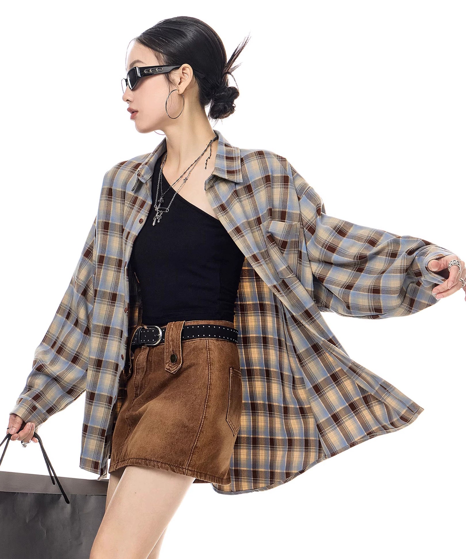 ICH MODE 美式复古休闲格子衬衫女2025新款宽松衬衣外套翻领上衣