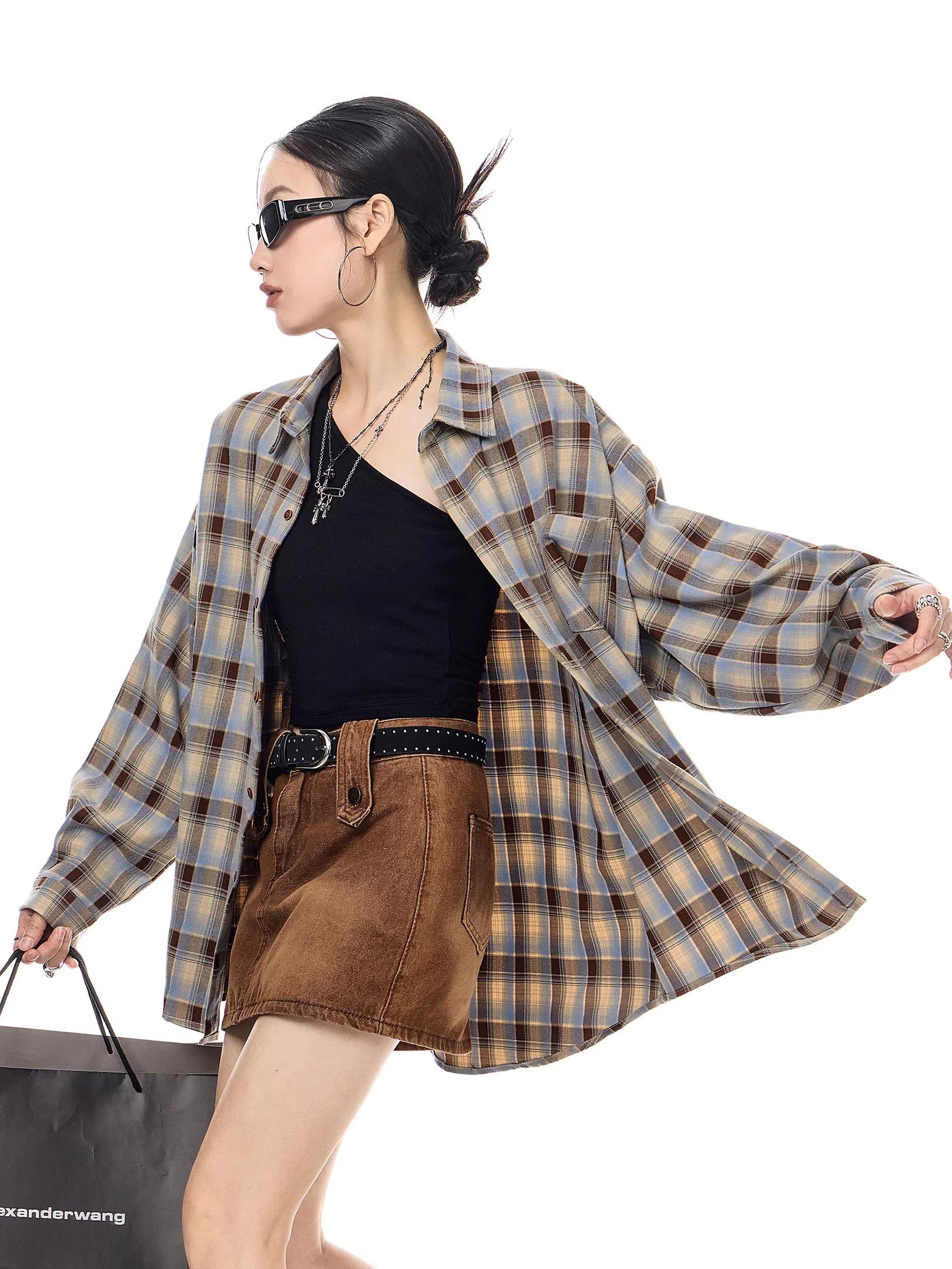 ICH MODE 美式复古休闲格子衬衫女2025新款宽松衬衣外套翻领上衣