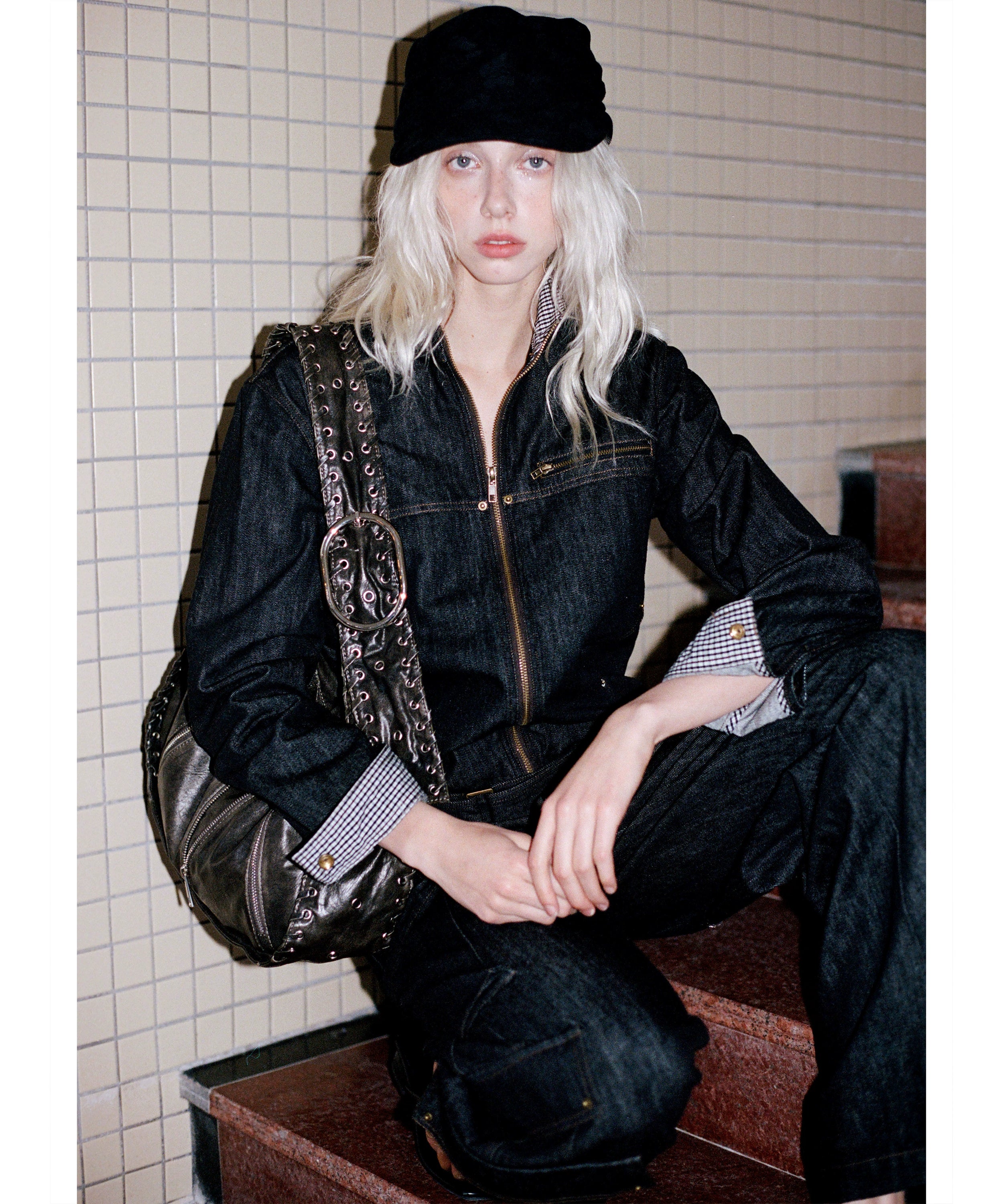 2th Desire复古立领撞色拼接工装机车夹克宽松廓形原牛牛仔外套女