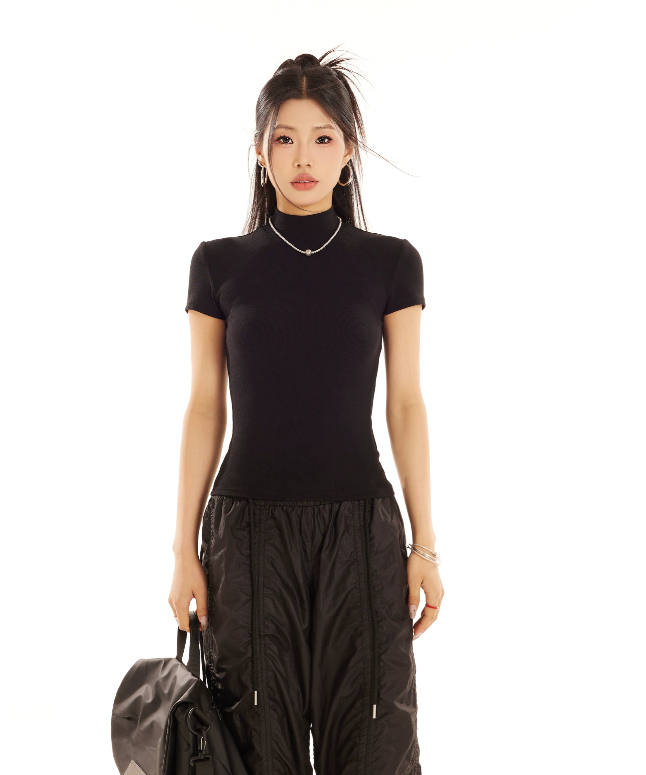 野生zerocircle 白黑灰色半高领正肩短袖t恤女夏修身显瘦针织上衣