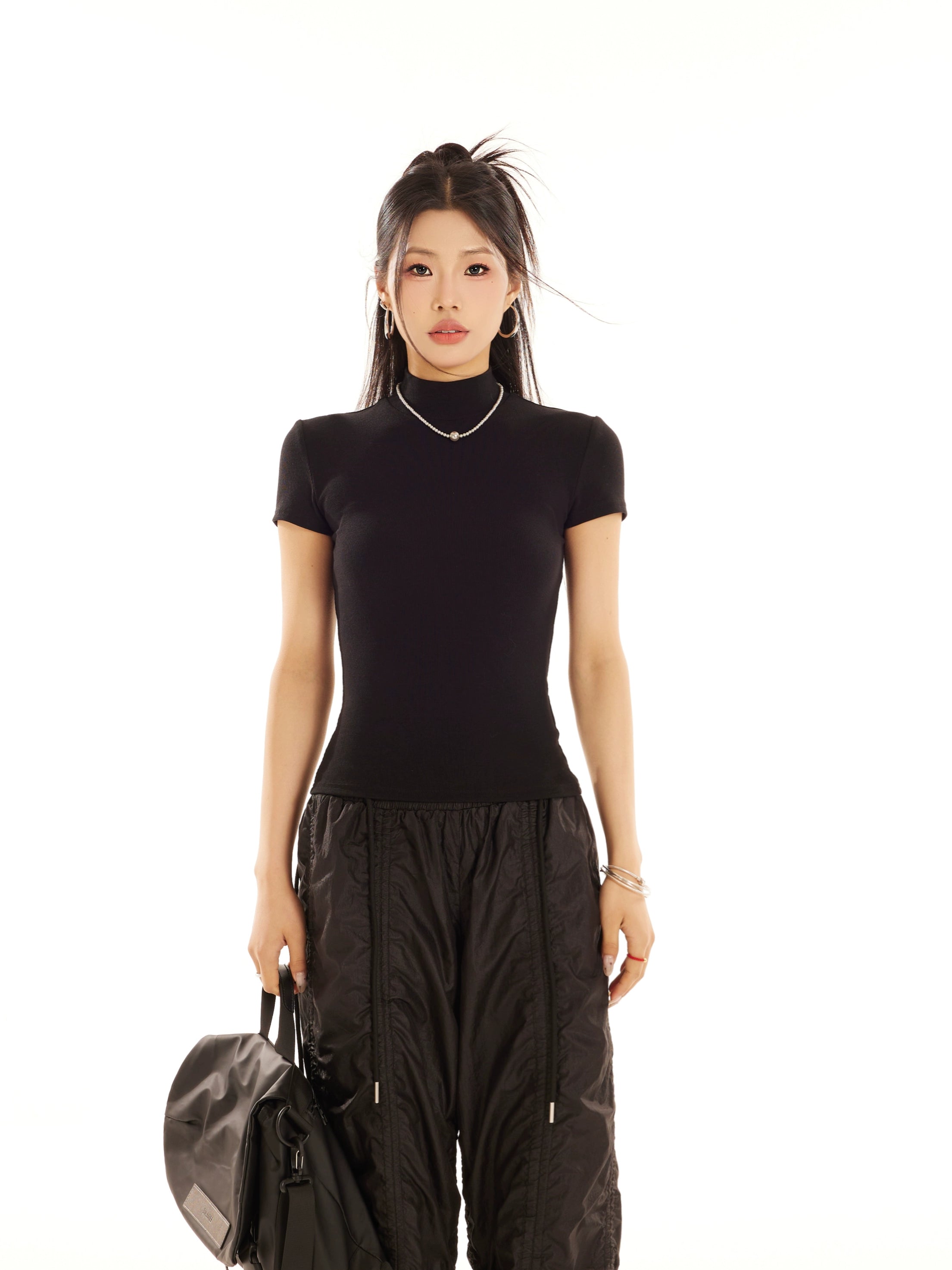 野生zerocircle 白黑灰色半高领正肩短袖t恤女夏修身显瘦针织上衣