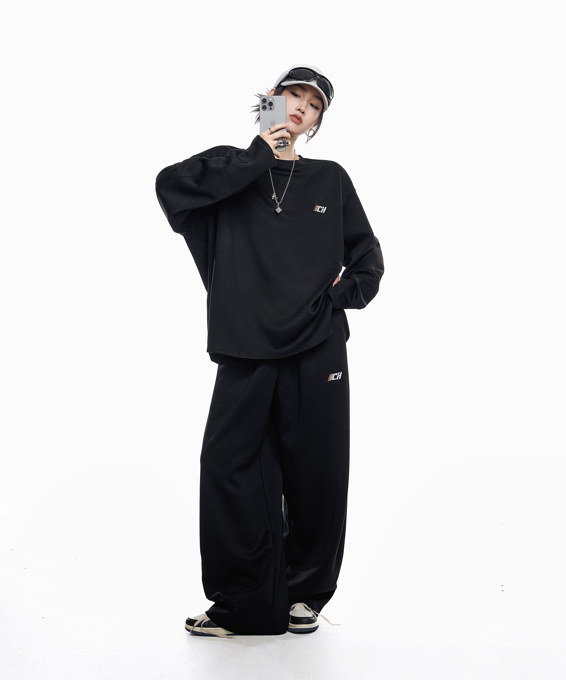 ICH MODE 美式刺绣灰色圆领卫衣女2025新款秋冬复古宽松套头上衣