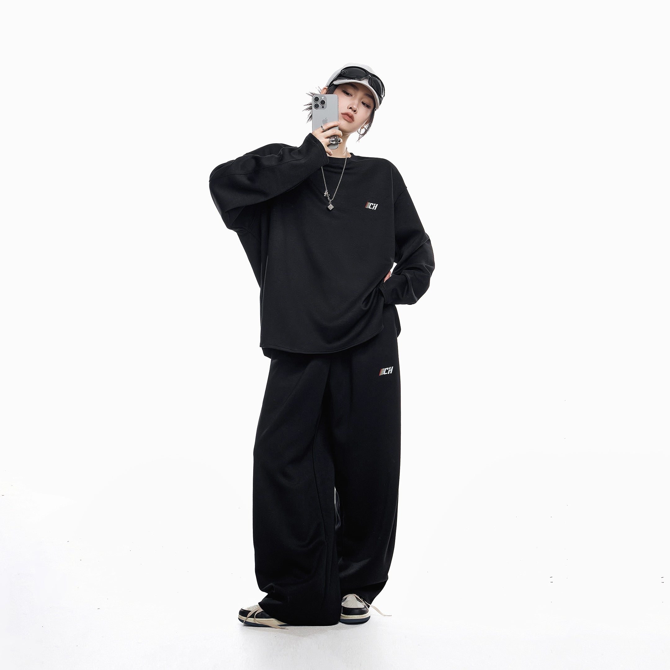 ICH MODE 美式刺绣灰色圆领卫衣女2025新款秋冬复古宽松套头上衣