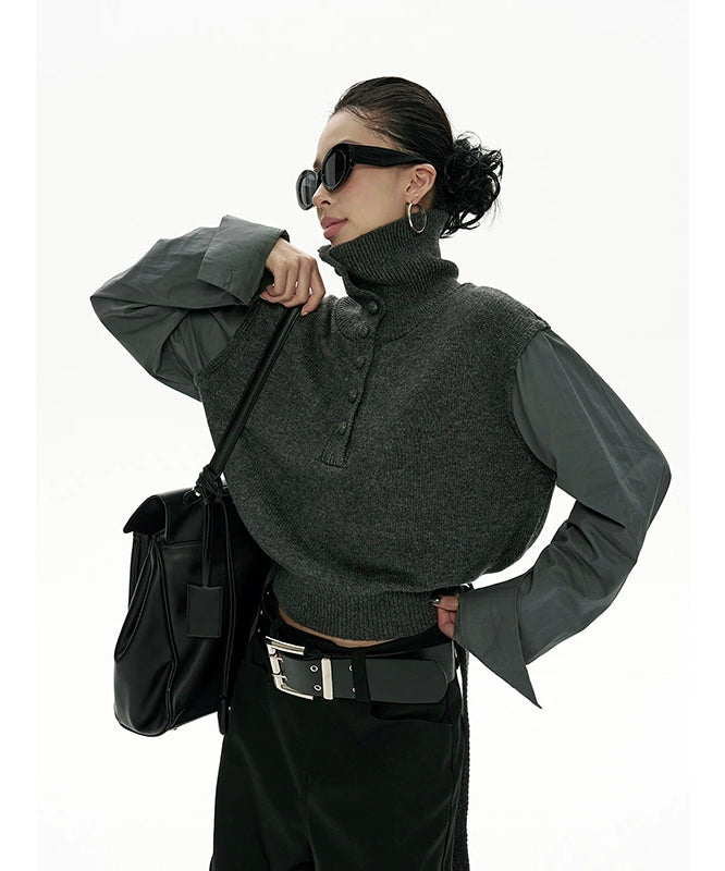 野生zero短款高领毛衣女秋冬新款设计感小众显瘦拼接长袖上衣外套