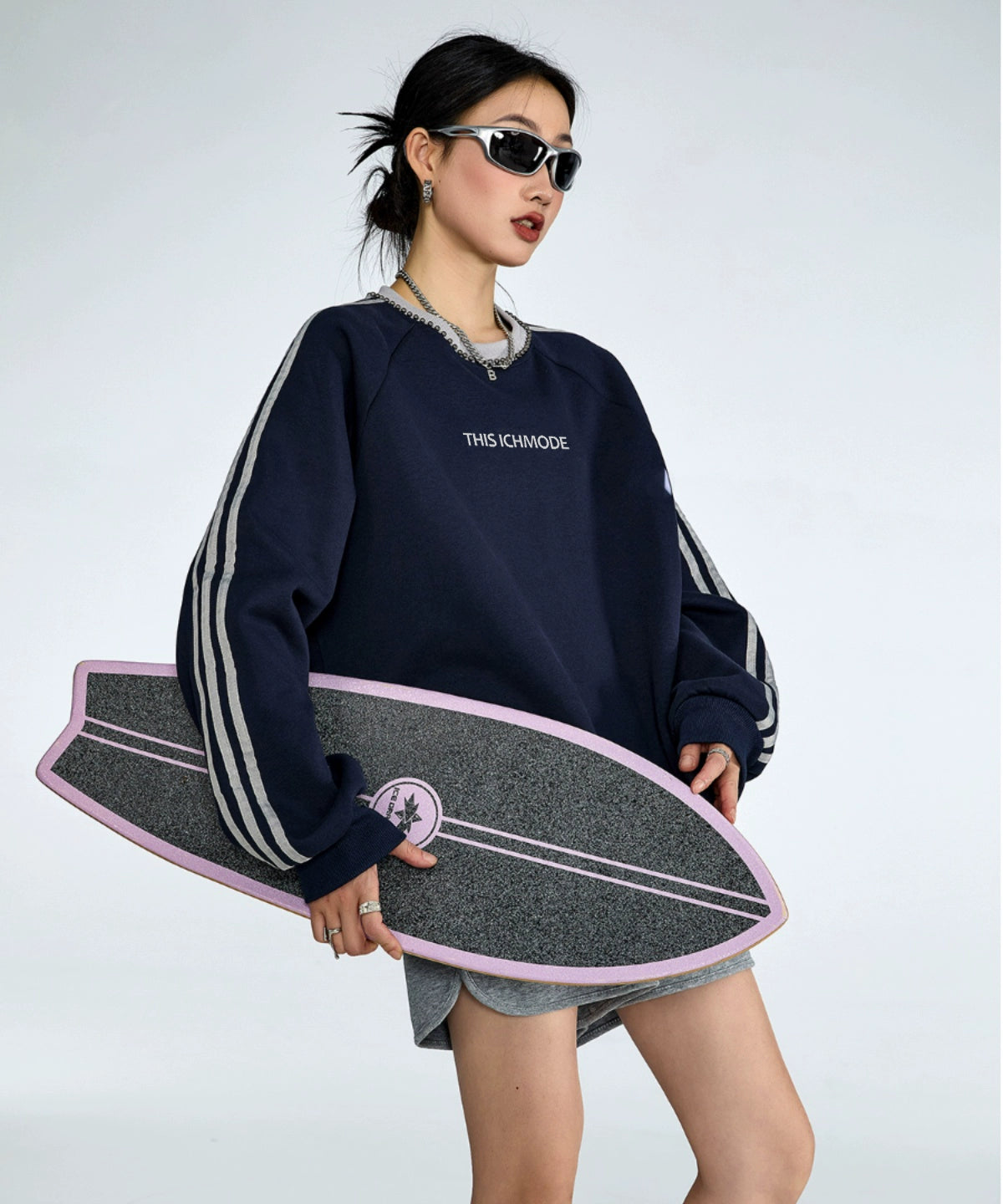 ICH MODE 美式复古条纹圆领卫衣女秋宽松运动上衣外套2025新款