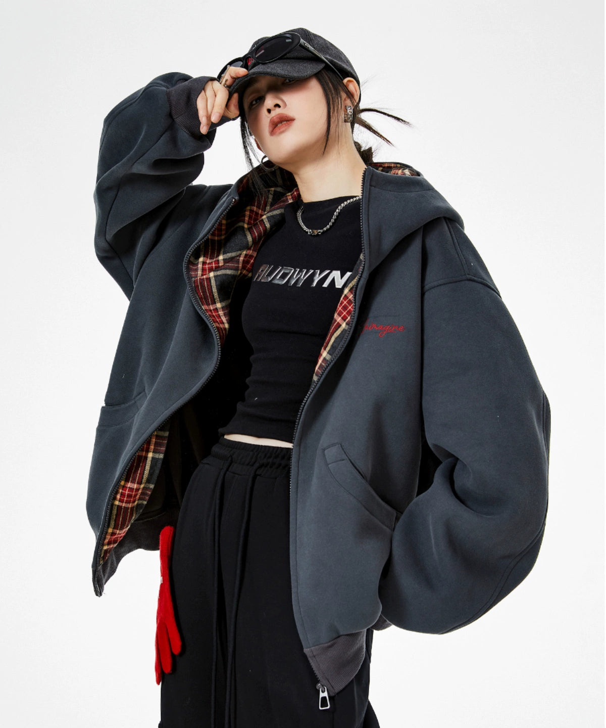 ICH MODE 明星同款 美式格子拼接卫衣外套女秋冬季运动开衫上衣