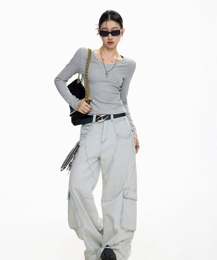 ICH MODE 美式V领长袖正肩T恤女秋冬修身内搭打底衫一字肩上衣