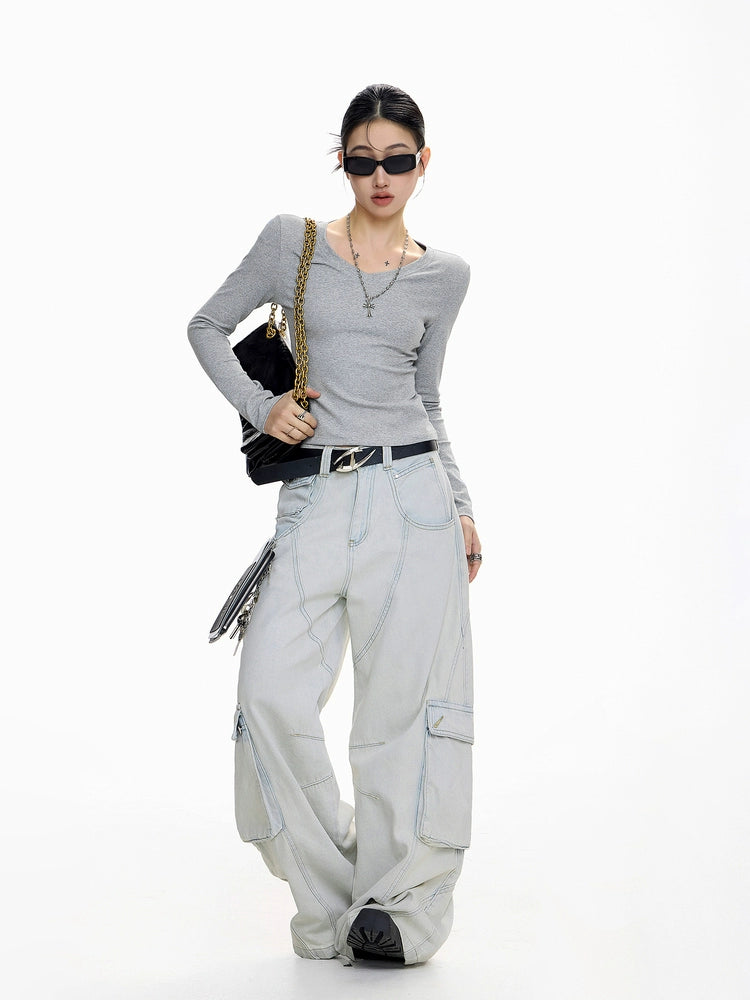 ICH MODE 美式V领长袖正肩T恤女秋冬修身内搭打底衫一字肩上衣