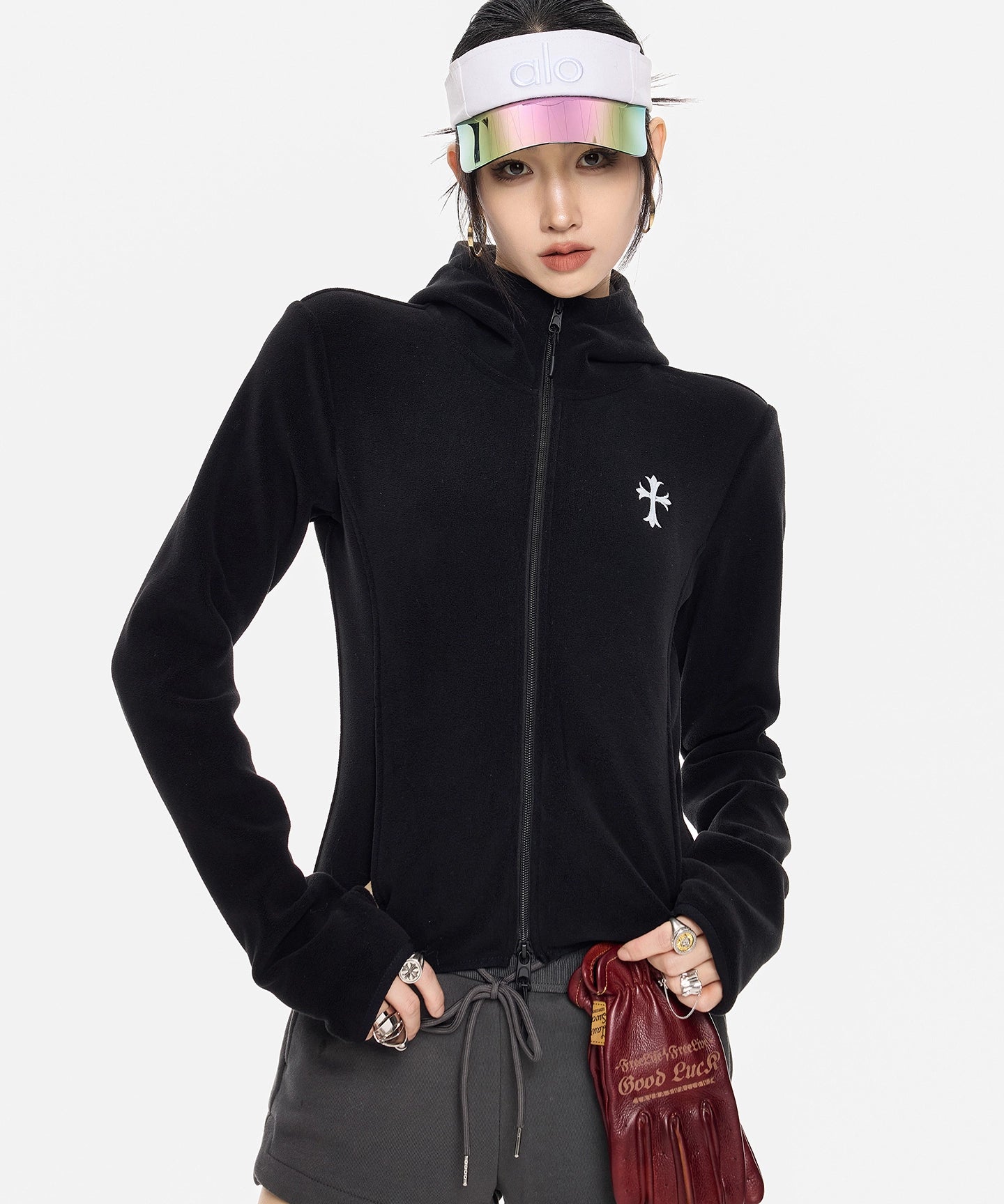 ICH MODE 美式复古摇粒绒短外套女新款秋冬连帽开衫卫衣修身上衣